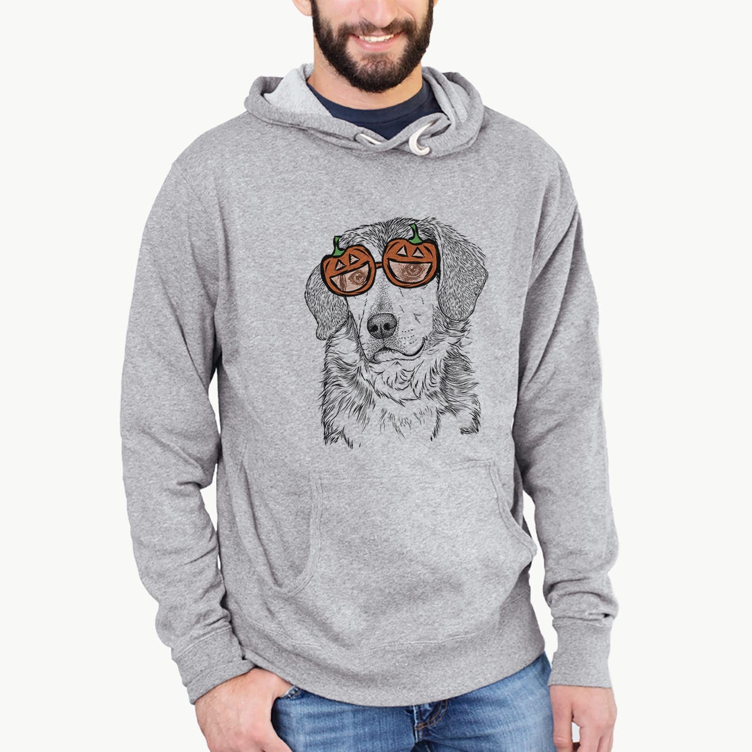 Hand-drawn sketch of Gunner the Mixed Breed wearing pumpkin glasses on a Gunner Mix pumpkin collection