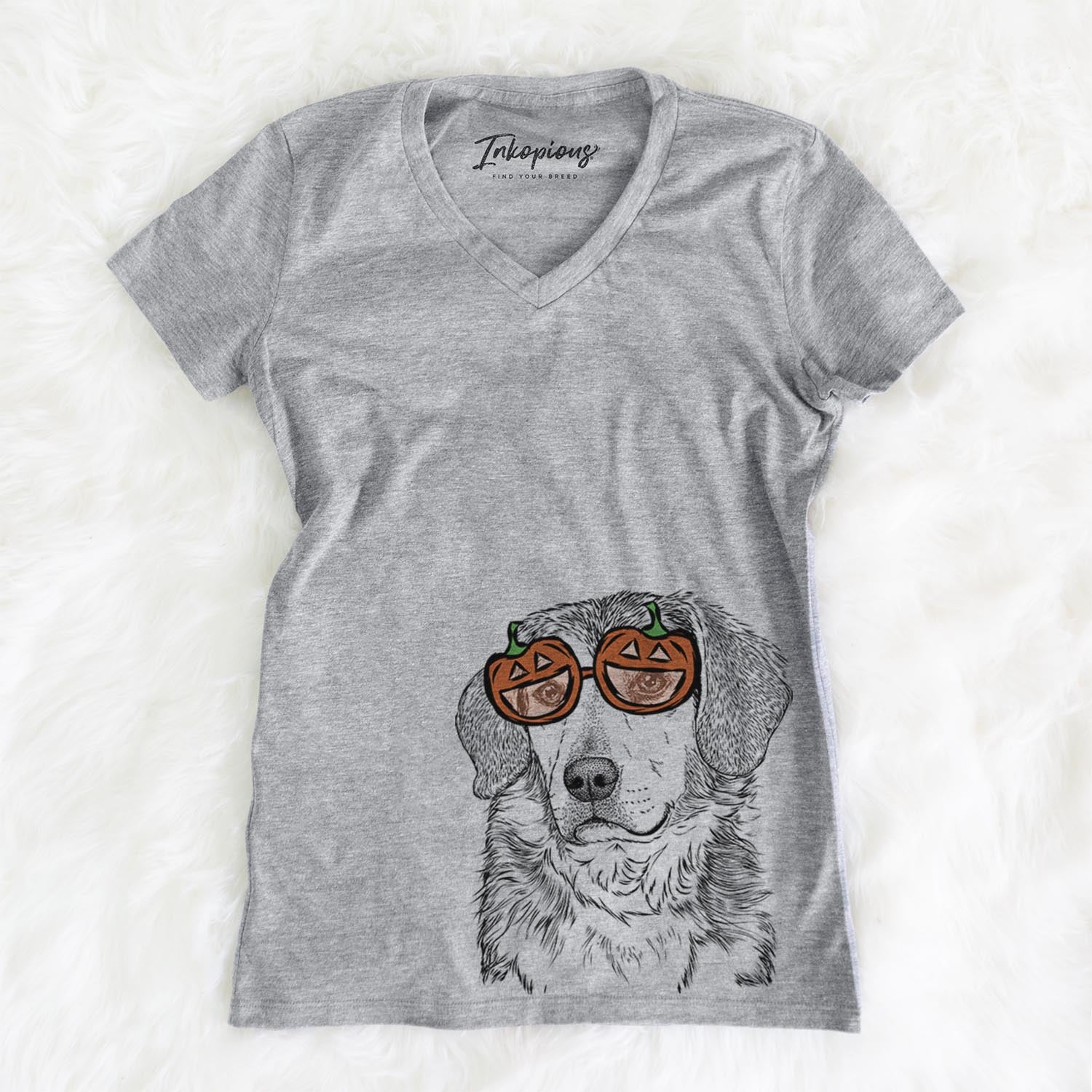 Hand-drawn sketch of Gunner the Mixed Breed wearing pumpkin glasses on a Gunner Mix pumpkin collection, on a hanger