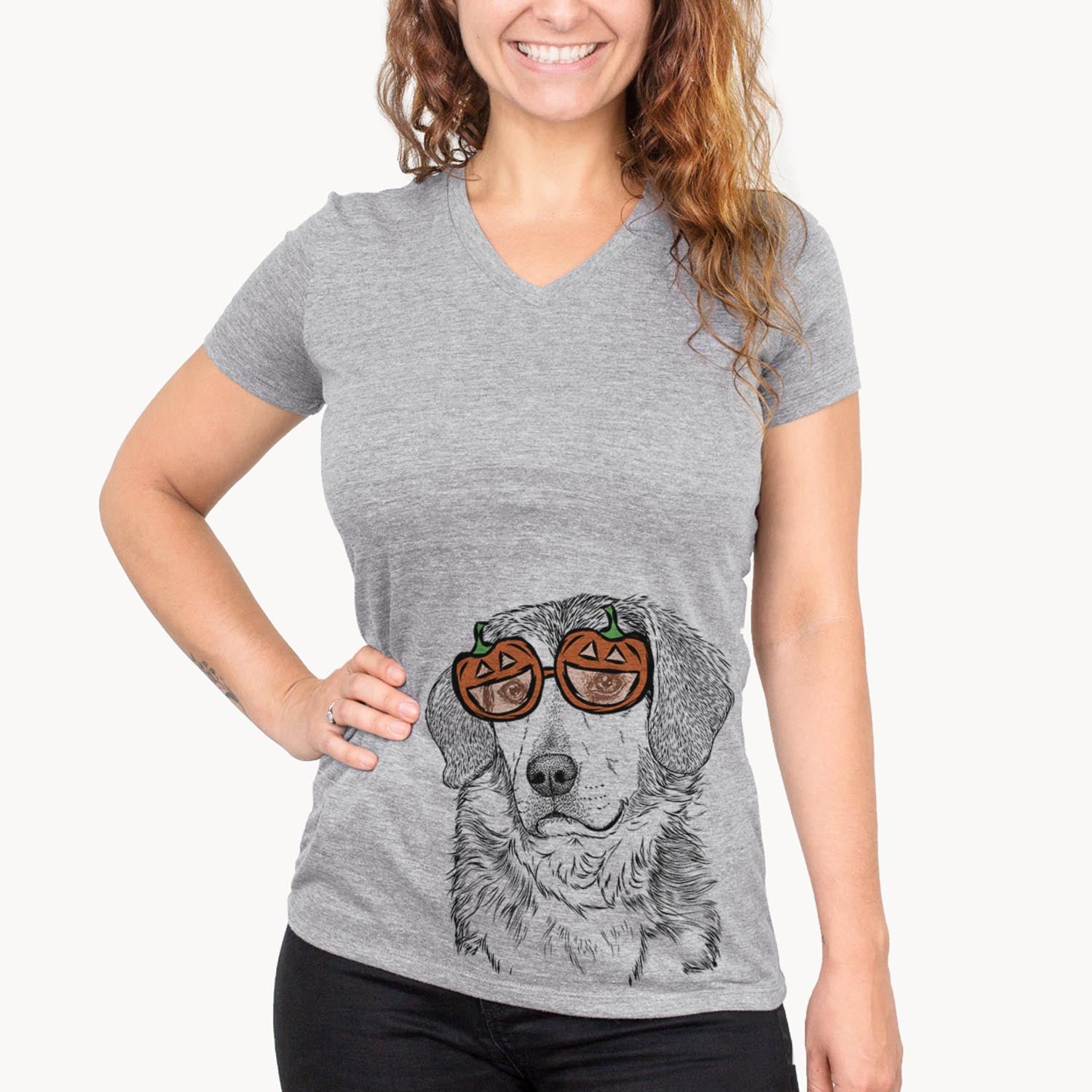 Hand-drawn sketch of Gunner the Mixed Breed wearing pumpkin glasses on a Gunner Mix pumpkin collection
