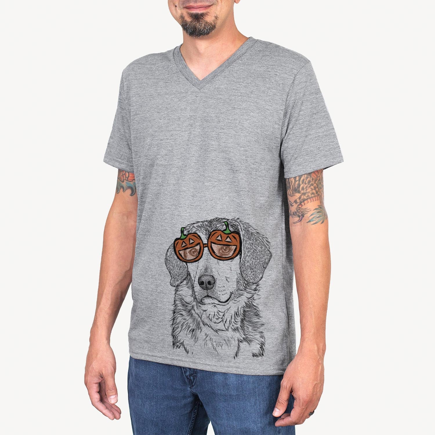 Hand-drawn sketch of Gunner the Mixed Breed wearing pumpkin glasses on a Gunner Mix pumpkin collection