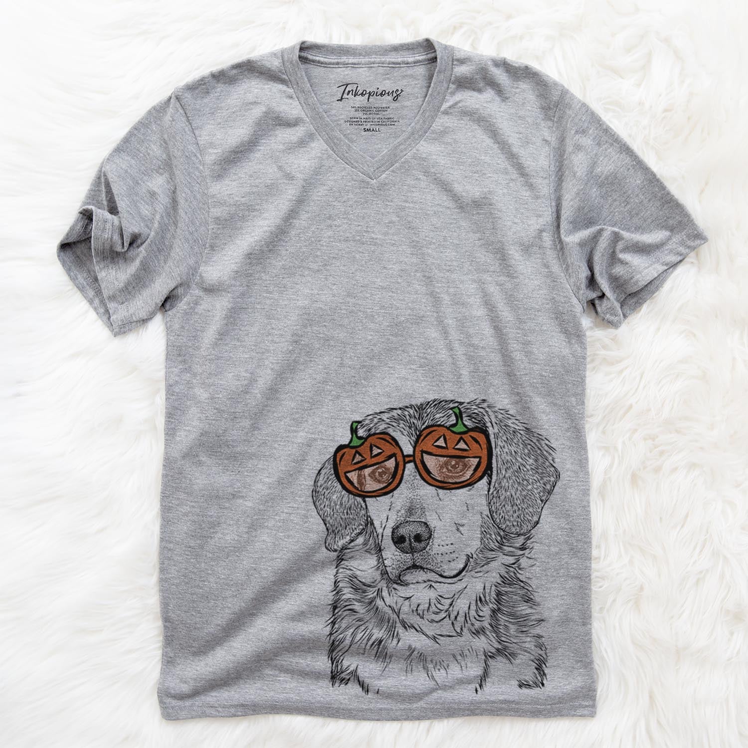 Hand-drawn sketch of Gunner the Mixed Breed wearing pumpkin glasses on a Gunner Mix pumpkin collection