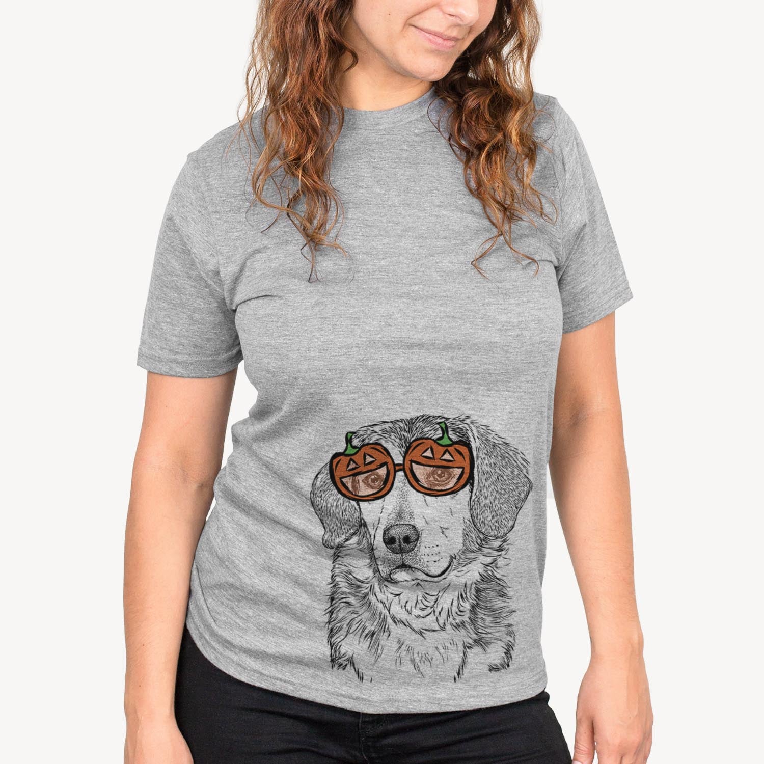 Hand-drawn sketch of Gunner the Mixed Breed wearing pumpkin glasses on a Gunner Mix pumpkin collection, on a hanger