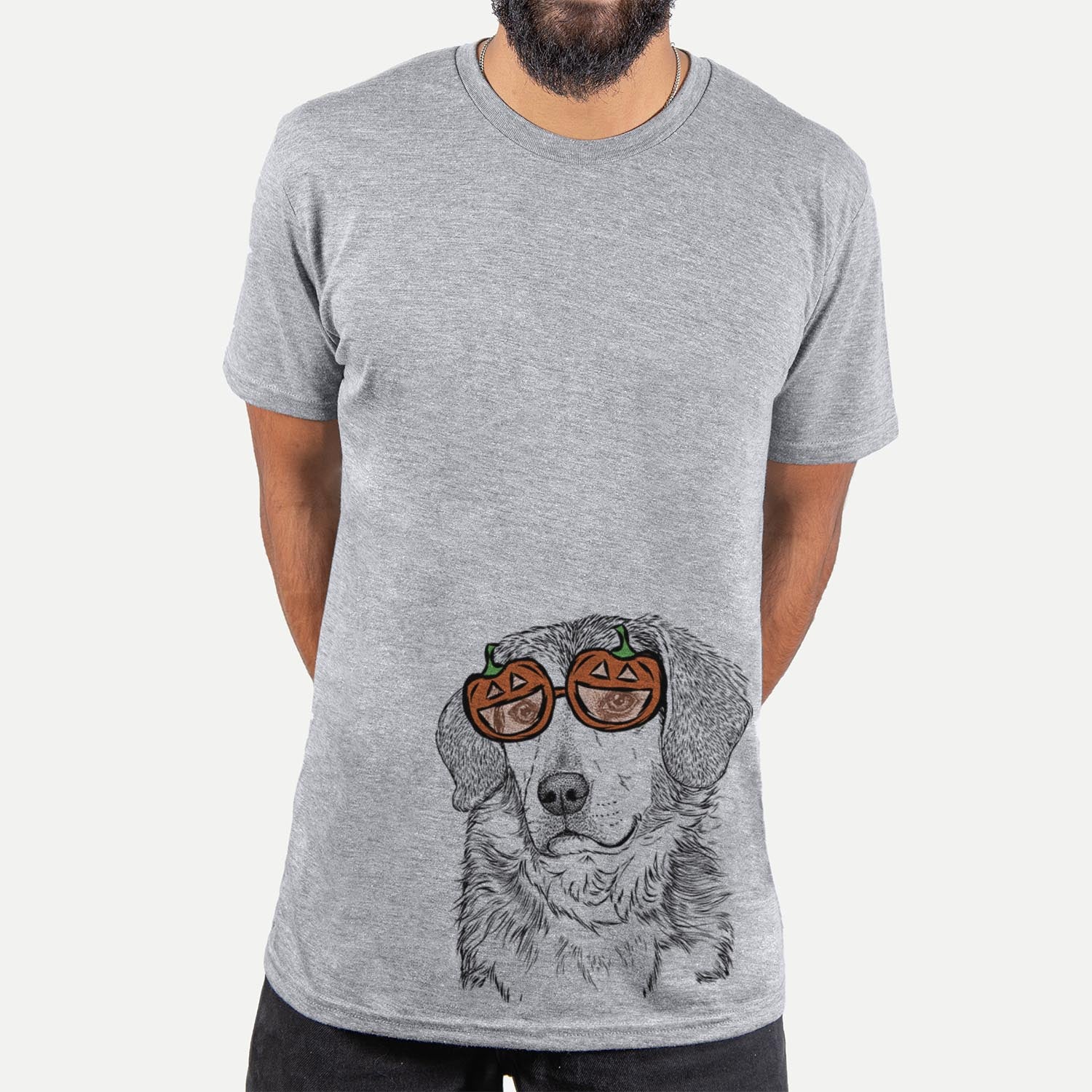 Hand-drawn sketch of Gunner the Mixed Breed wearing pumpkin glasses on a Gunner Mix pumpkin collection, hanging on a wall