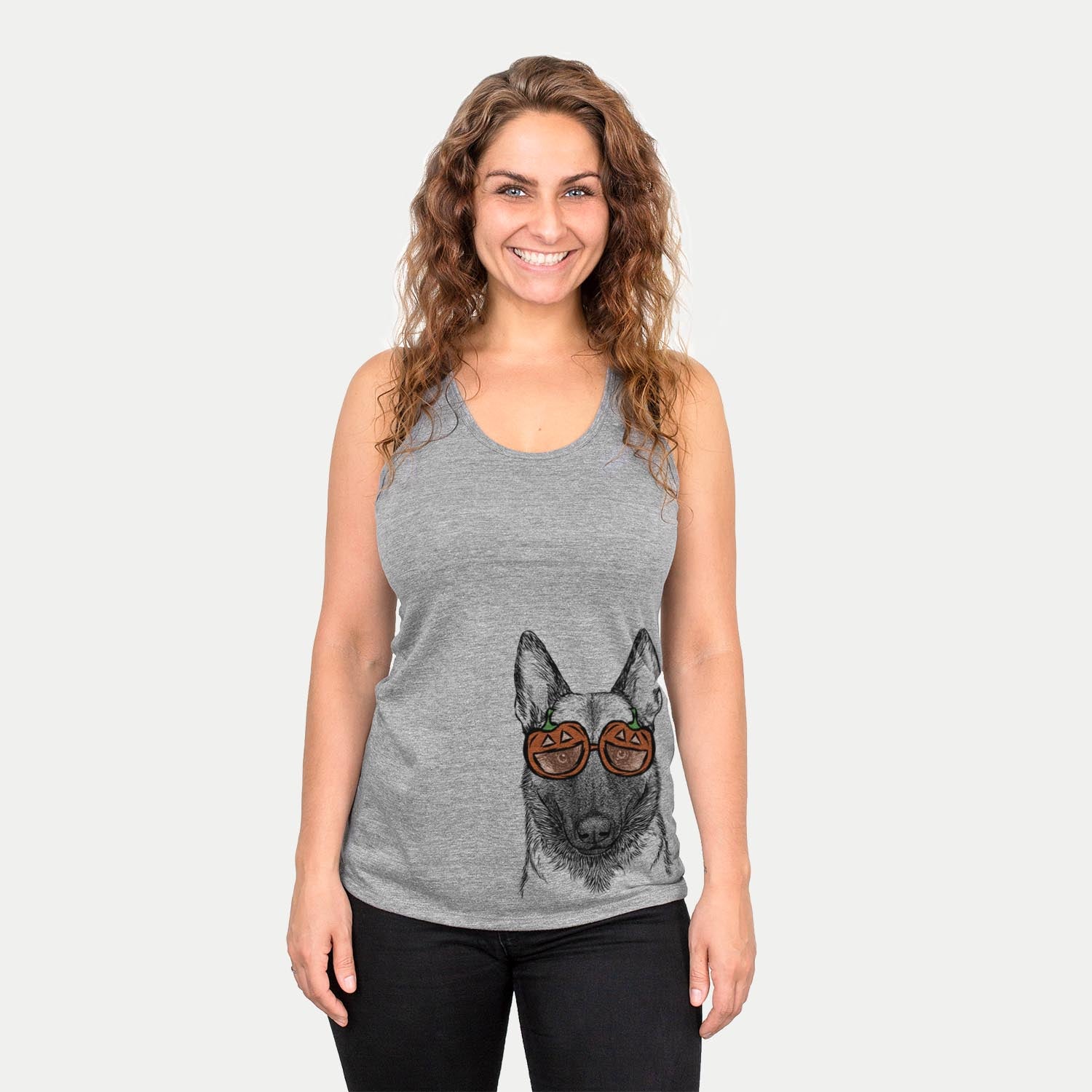 Hand-drawn sketch of Gunther the Belgian Malinois wearing pumpkin glasses on a Grey pumpkin collection