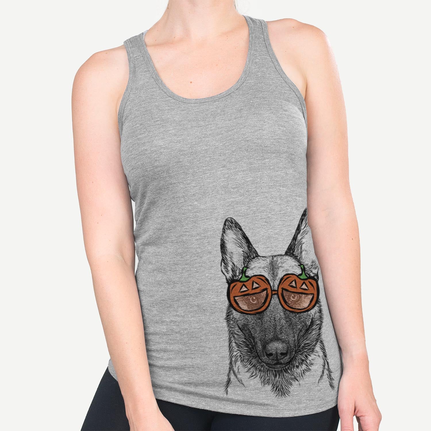 Hand-drawn sketch of Gunther the Belgian Malinois wearing pumpkin glasses on a Grey pumpkin collection