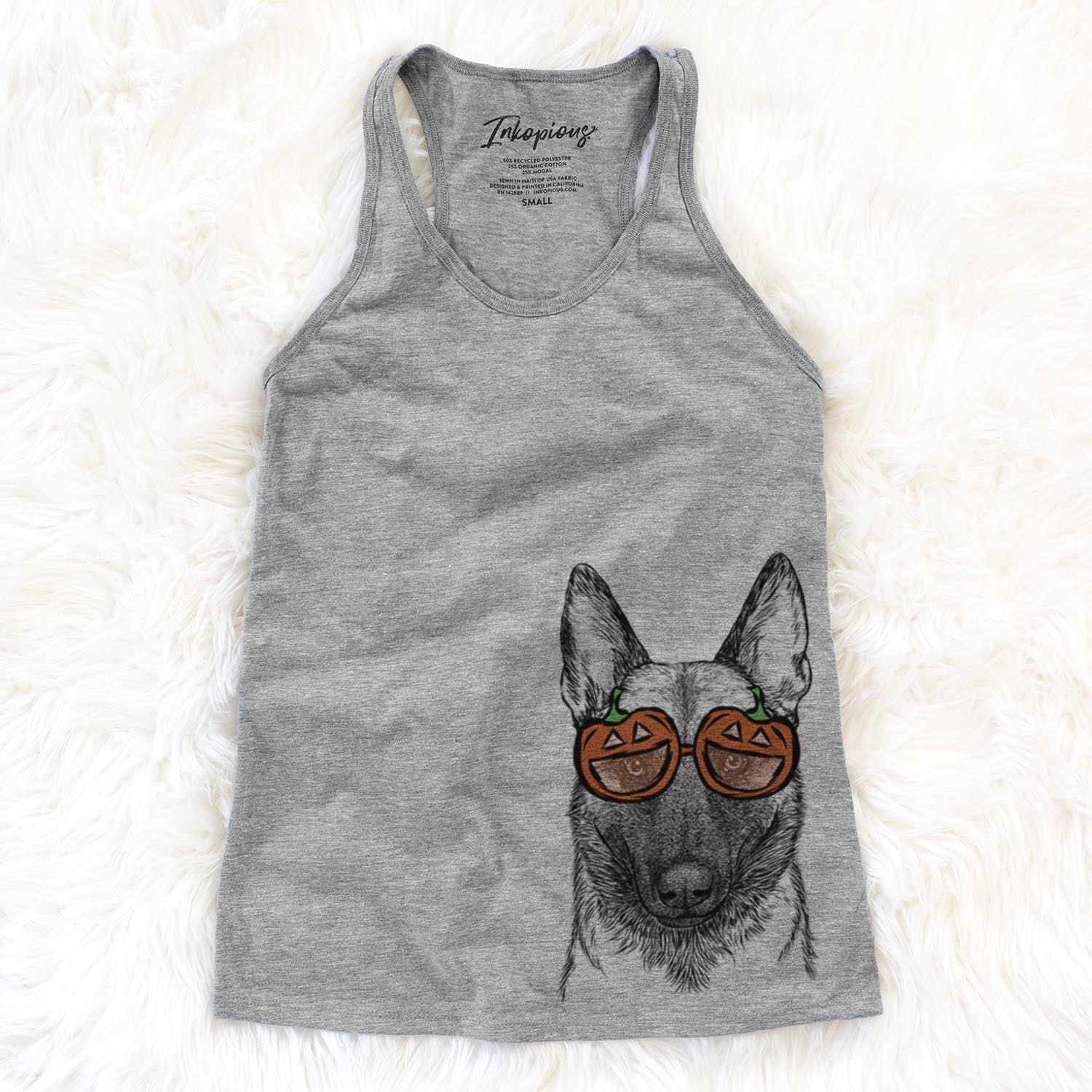 Hand-drawn sketch of Gunther the Belgian Malinois wearing pumpkin glasses on a Grey pumpkin collection