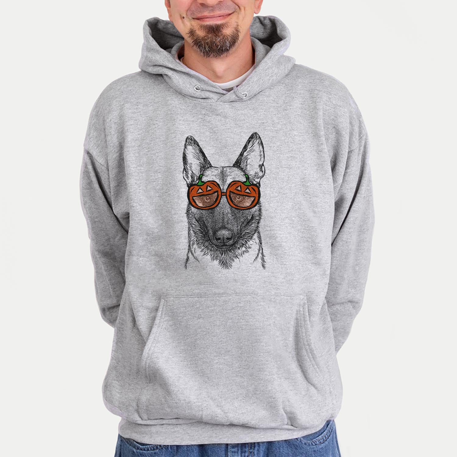 Hand-drawn sketch of Gunther the Belgian Malinois wearing pumpkin glasses on a Grey pumpkin collection, hanging on a wall