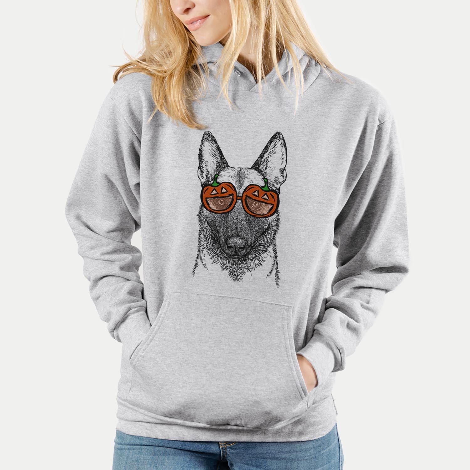 Hand-drawn sketch of Gunther the Belgian Malinois wearing pumpkin glasses on a Grey pumpkin collection
