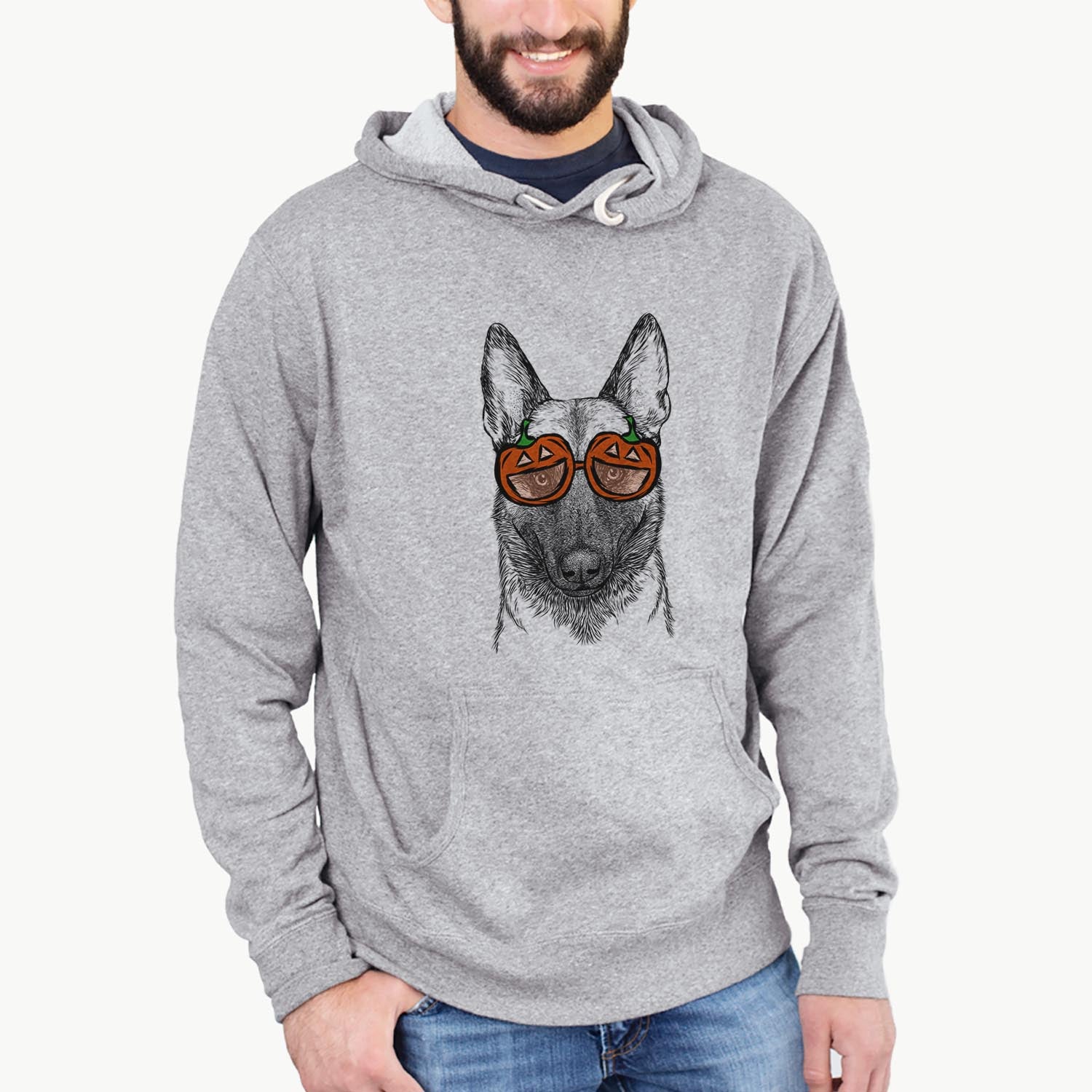 Hand-drawn sketch of Gunther the Belgian Malinois wearing pumpkin glasses on a Grey pumpkin collection