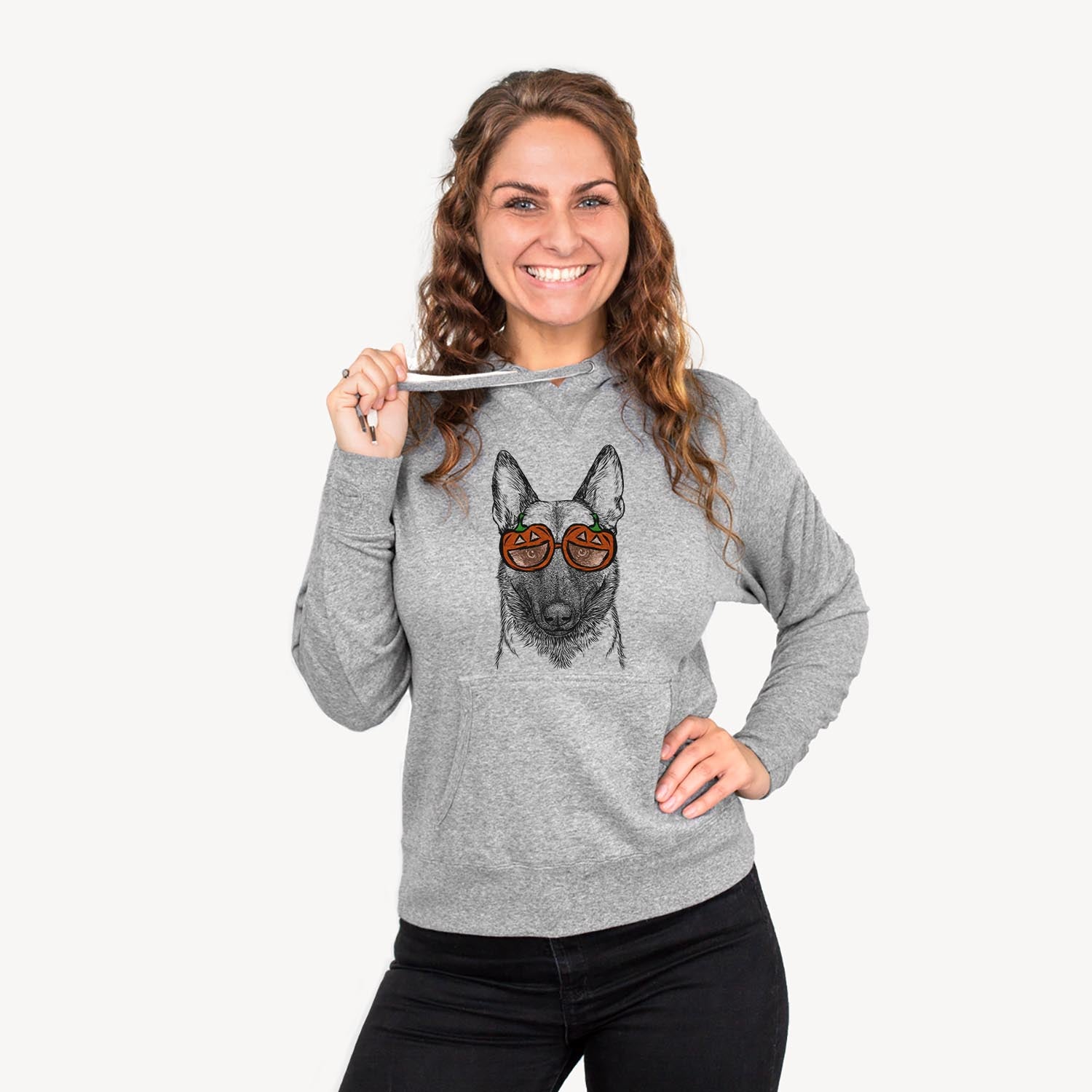 Hand-drawn sketch of Gunther the Belgian Malinois wearing pumpkin glasses on a Grey pumpkin collection