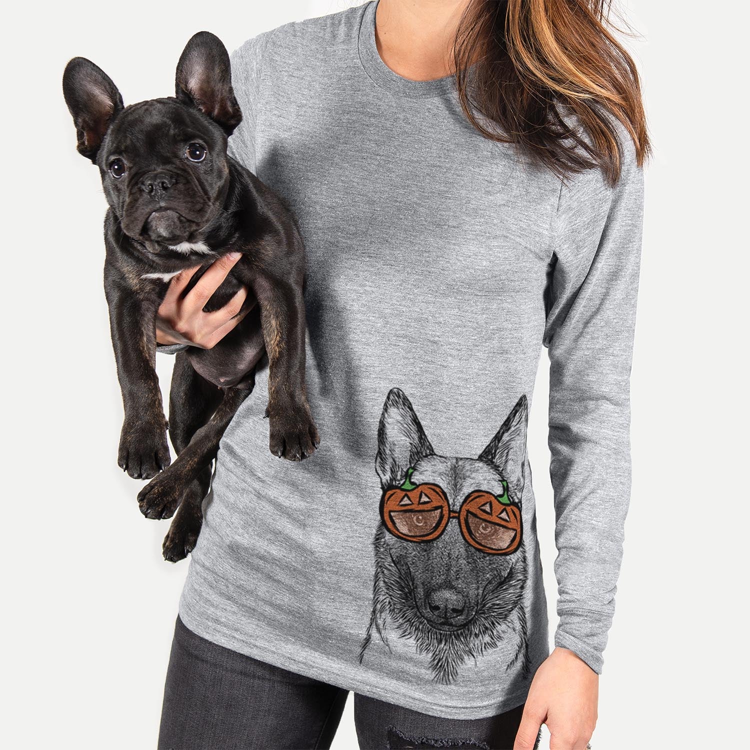 Hand-drawn sketch of Gunther the Belgian Malinois wearing pumpkin glasses on a Grey pumpkin collection