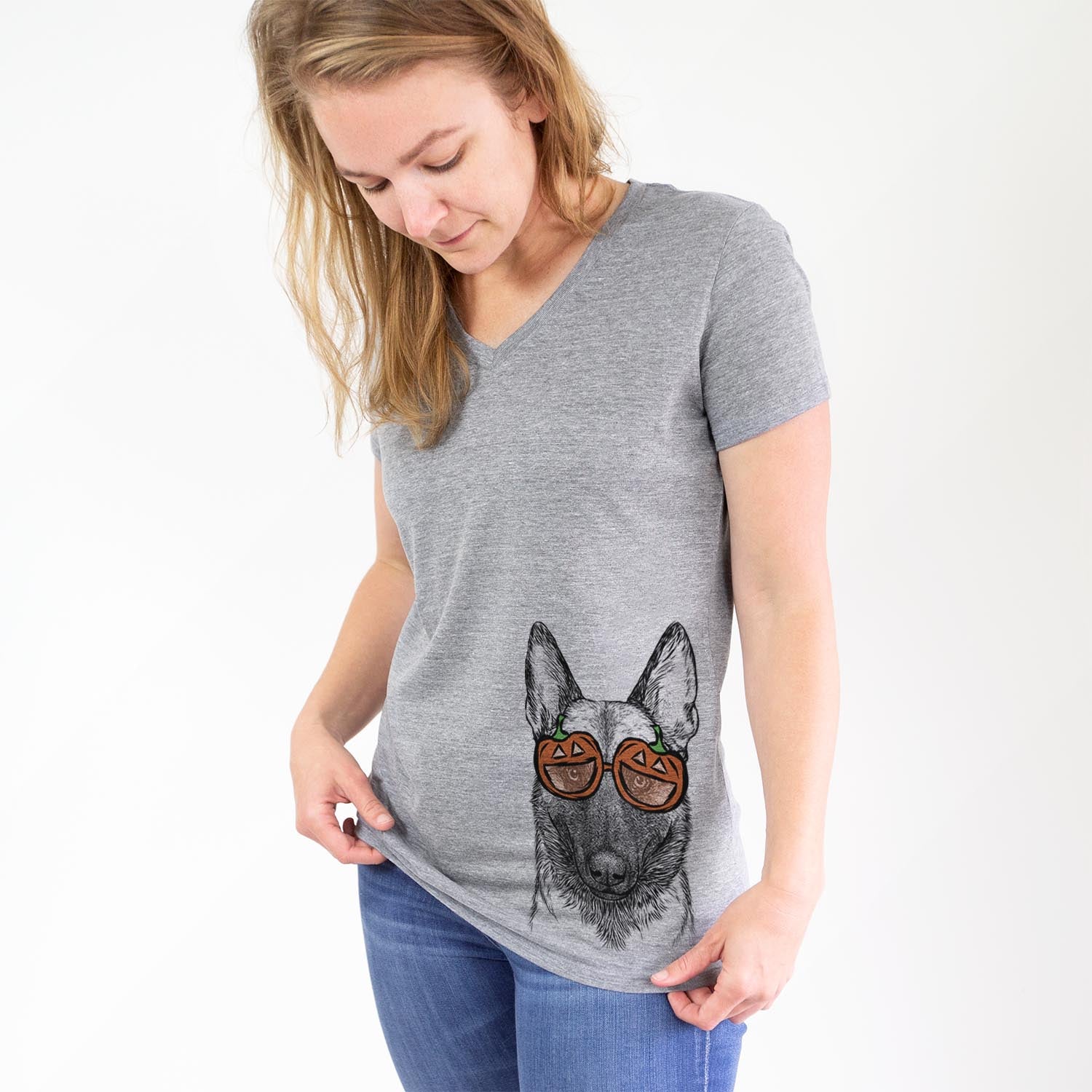 Hand-drawn sketch of Gunther the Belgian Malinois wearing pumpkin glasses on a Grey pumpkin collection