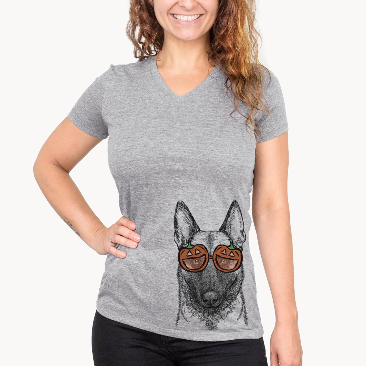 Hand-drawn sketch of Gunther the Belgian Malinois wearing pumpkin glasses on a Grey pumpkin collection