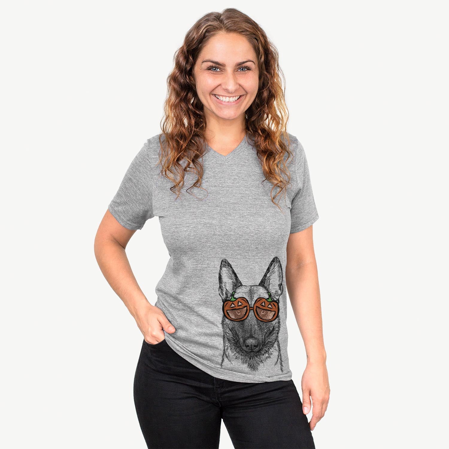 Hand-drawn sketch of Gunther the Belgian Malinois wearing pumpkin glasses on a Grey pumpkin collection