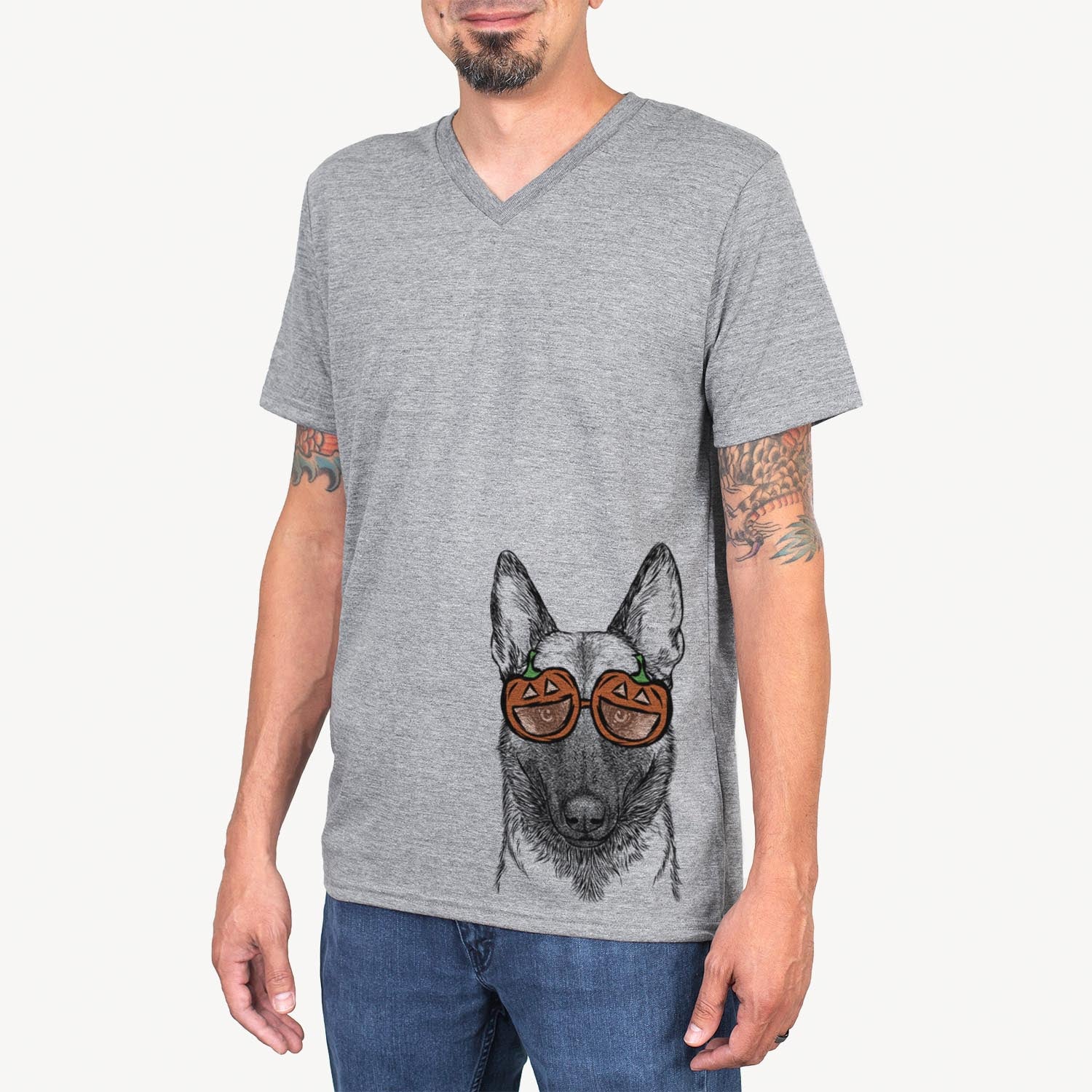 Hand-drawn sketch of Gunther the Belgian Malinois wearing pumpkin glasses on a Grey pumpkin collection