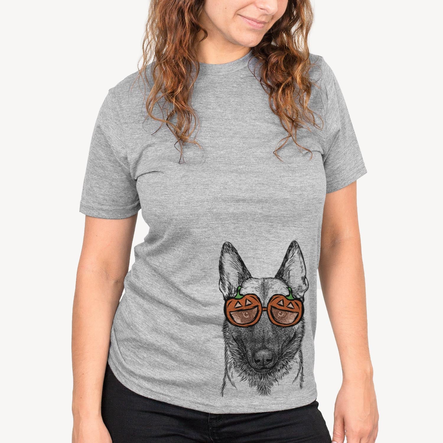 Hand-drawn sketch of Gunther the Belgian Malinois wearing pumpkin glasses on a Grey pumpkin collection, on a hanger