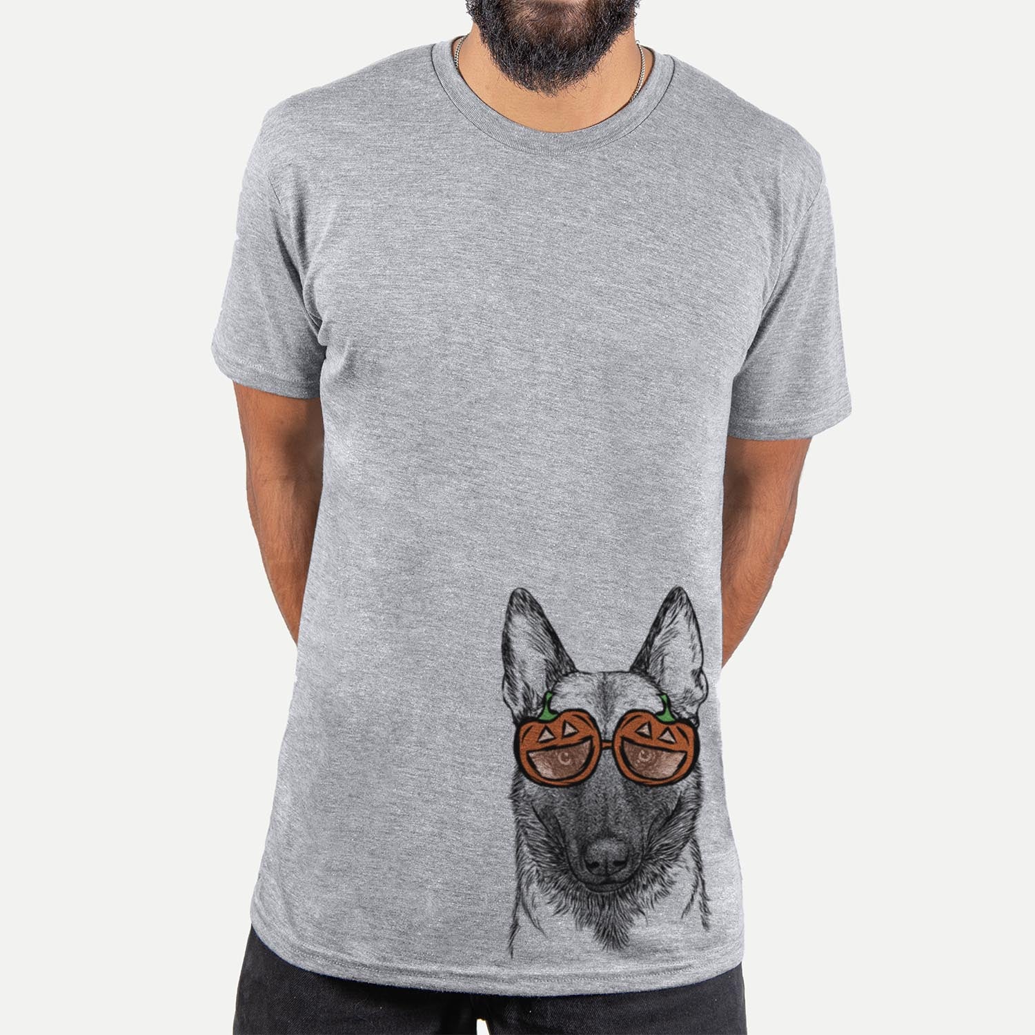 Hand-drawn sketch of Gunther the Belgian Malinois wearing pumpkin glasses on a Grey pumpkin collection, hanging on a wall
