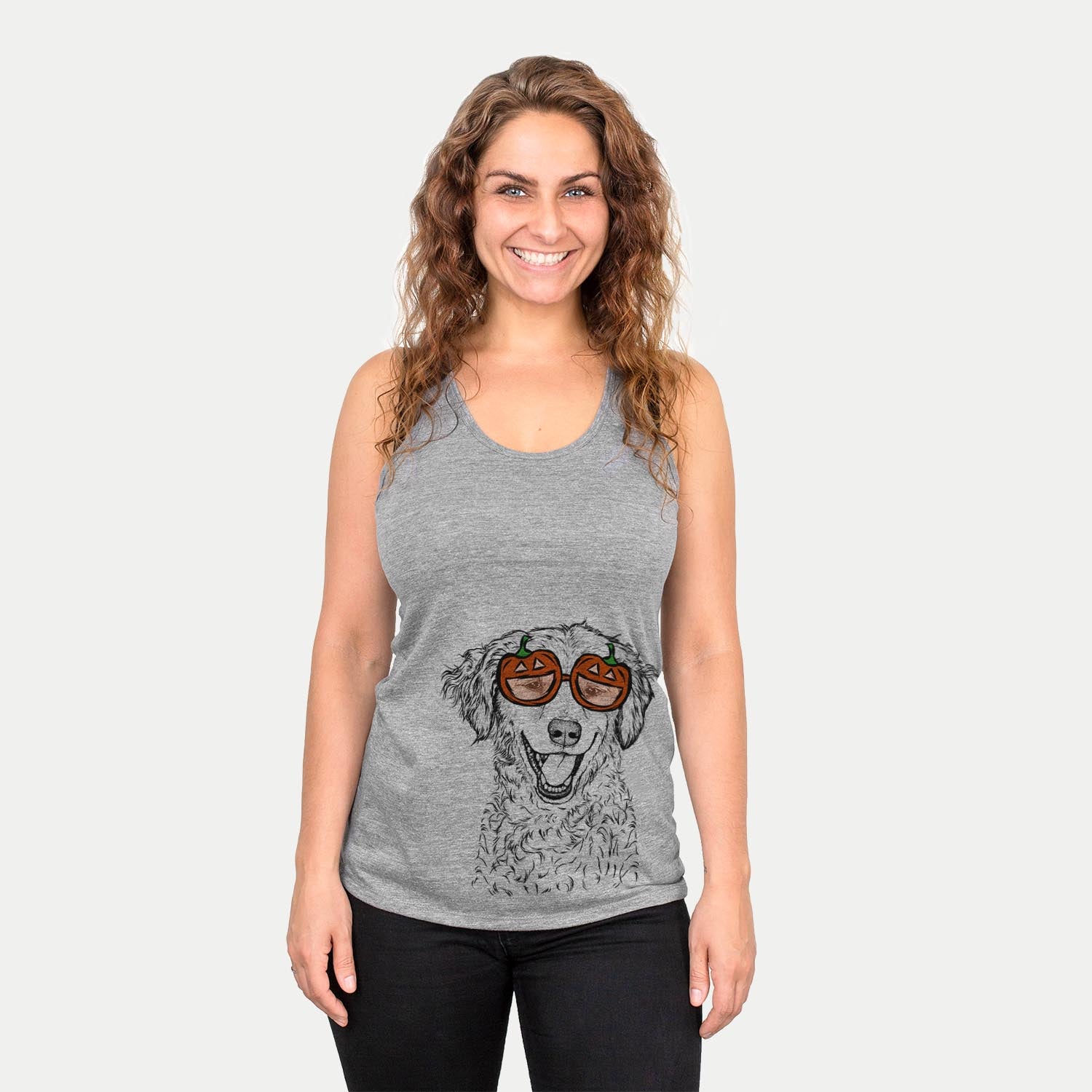 Hand-drawn sketch of Happy Otis the Miniature Goldendoodle wearing pumpkin glasses on a Grey pumpkin collection