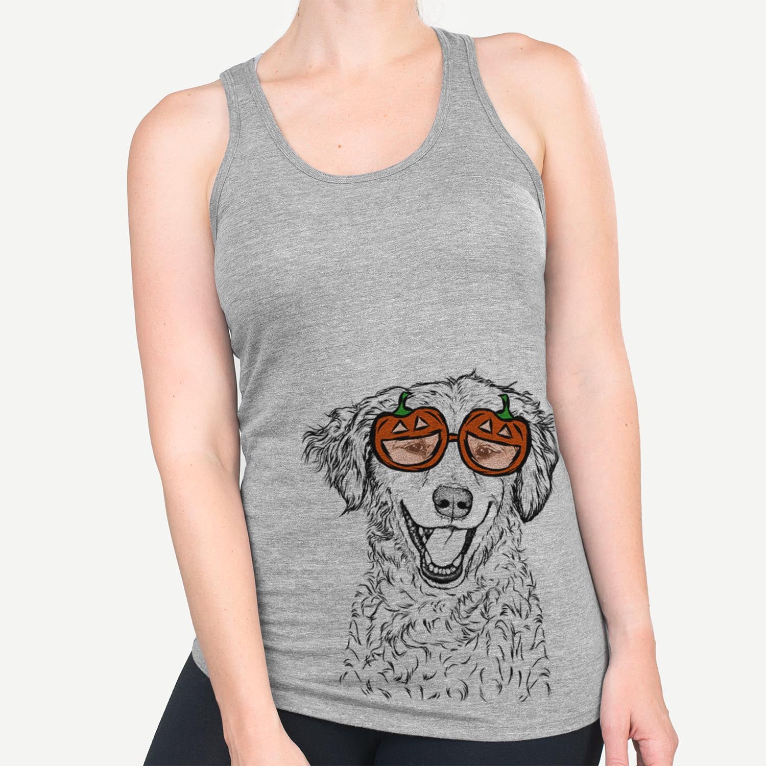 Hand-drawn sketch of Happy Otis the Miniature Goldendoodle wearing pumpkin glasses on a Grey pumpkin collection