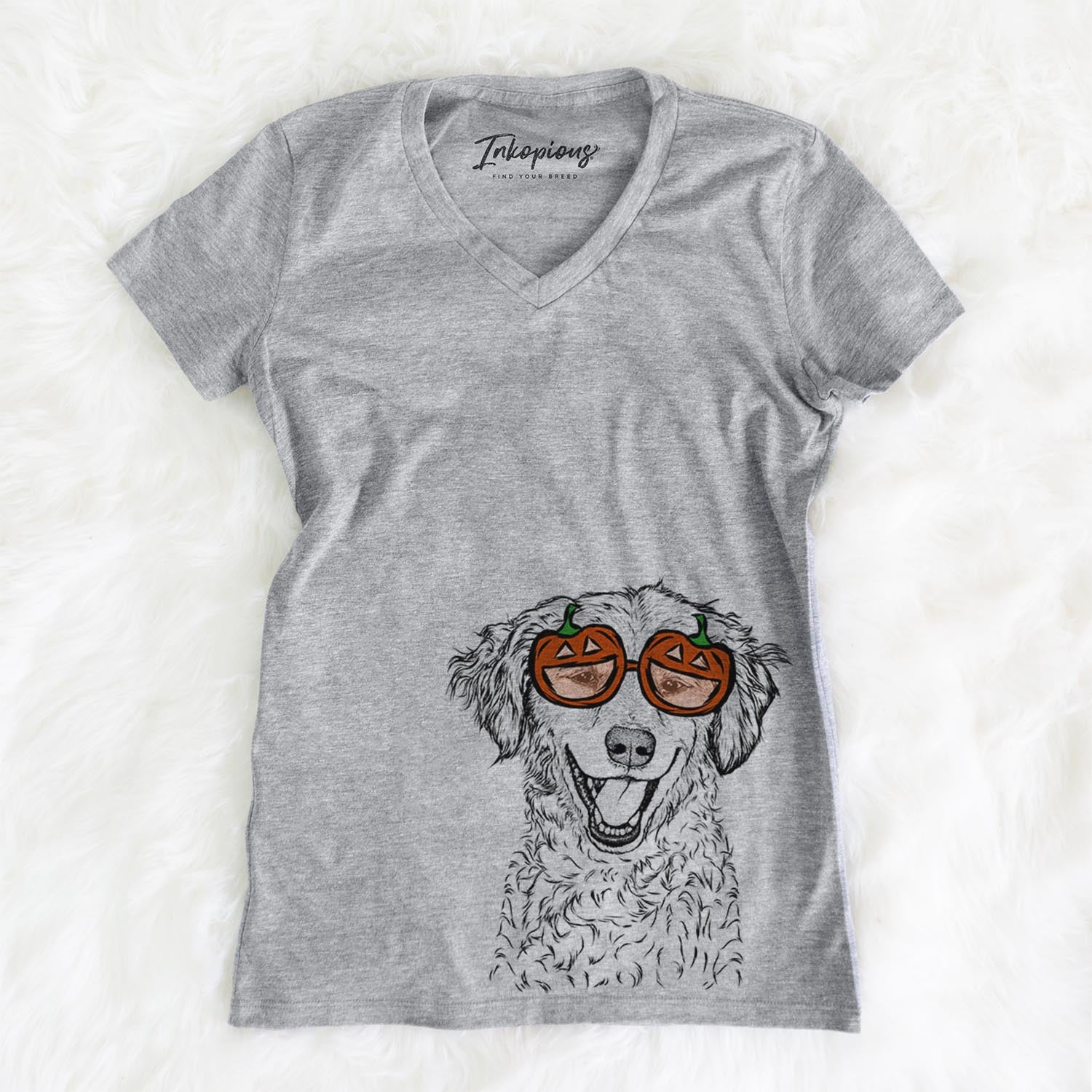 Hand-drawn sketch of Happy Otis the Miniature Goldendoodle wearing pumpkin glasses on a Grey pumpkin collection, on a hanger