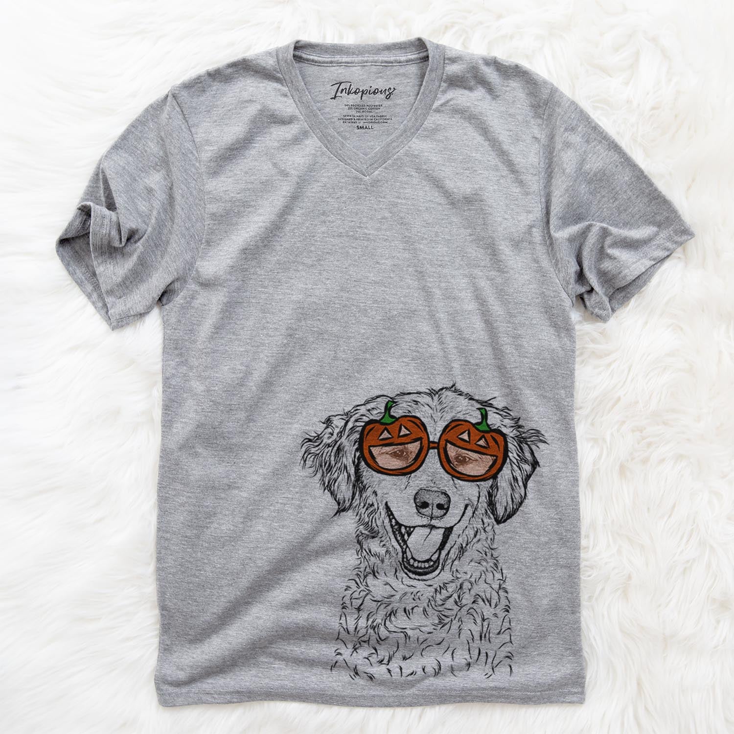 Hand-drawn sketch of Happy Otis the Miniature Goldendoodle wearing pumpkin glasses on a Grey pumpkin collection