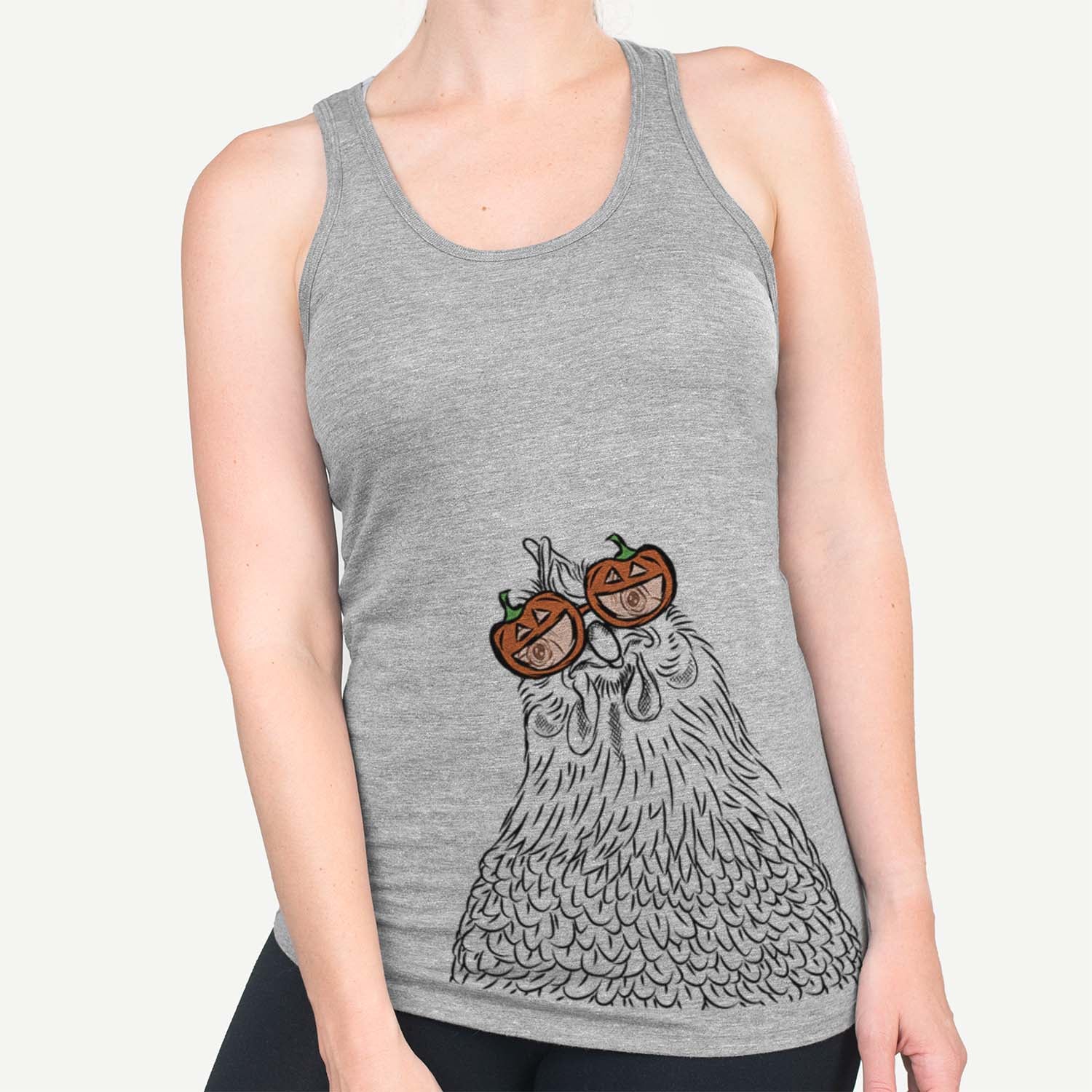 Hand-drawn sketch of Henrietta the Chicken wearing pumpkin glasses on a Grey pumpkin collection