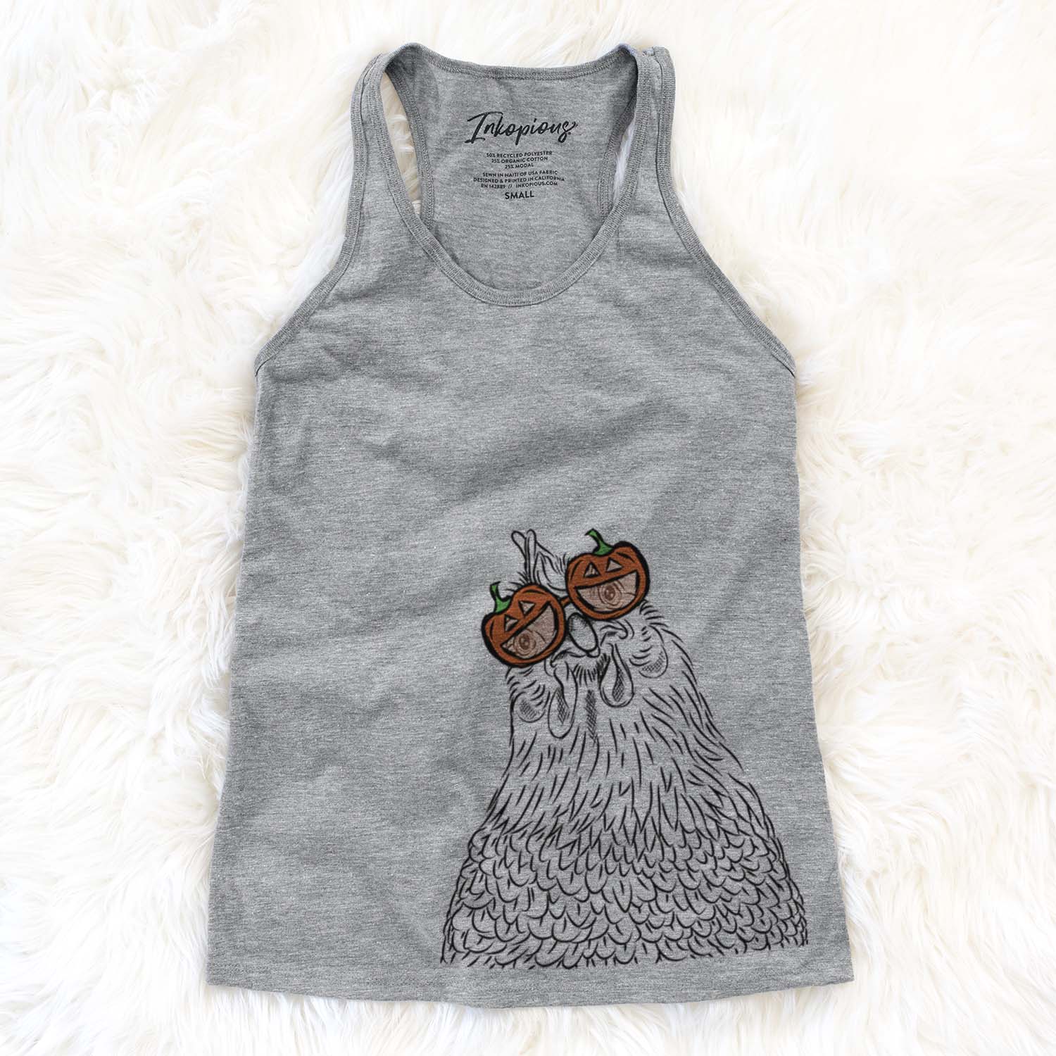 Hand-drawn sketch of Henrietta the Chicken wearing pumpkin glasses on a Grey pumpkin collection