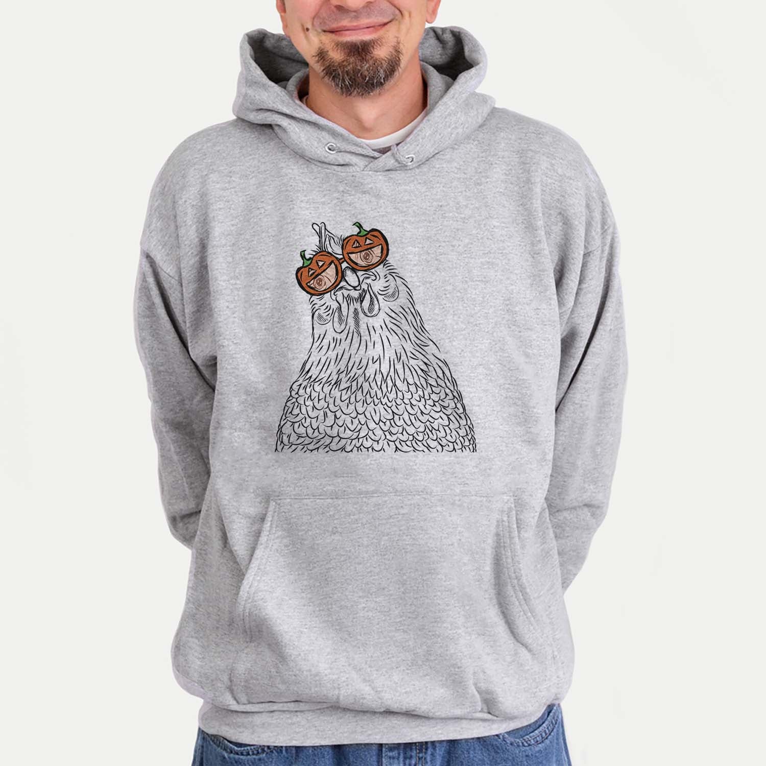 Hand-drawn sketch of Henrietta the Chicken wearing pumpkin glasses on a Grey pumpkin collection, hanging on a wall