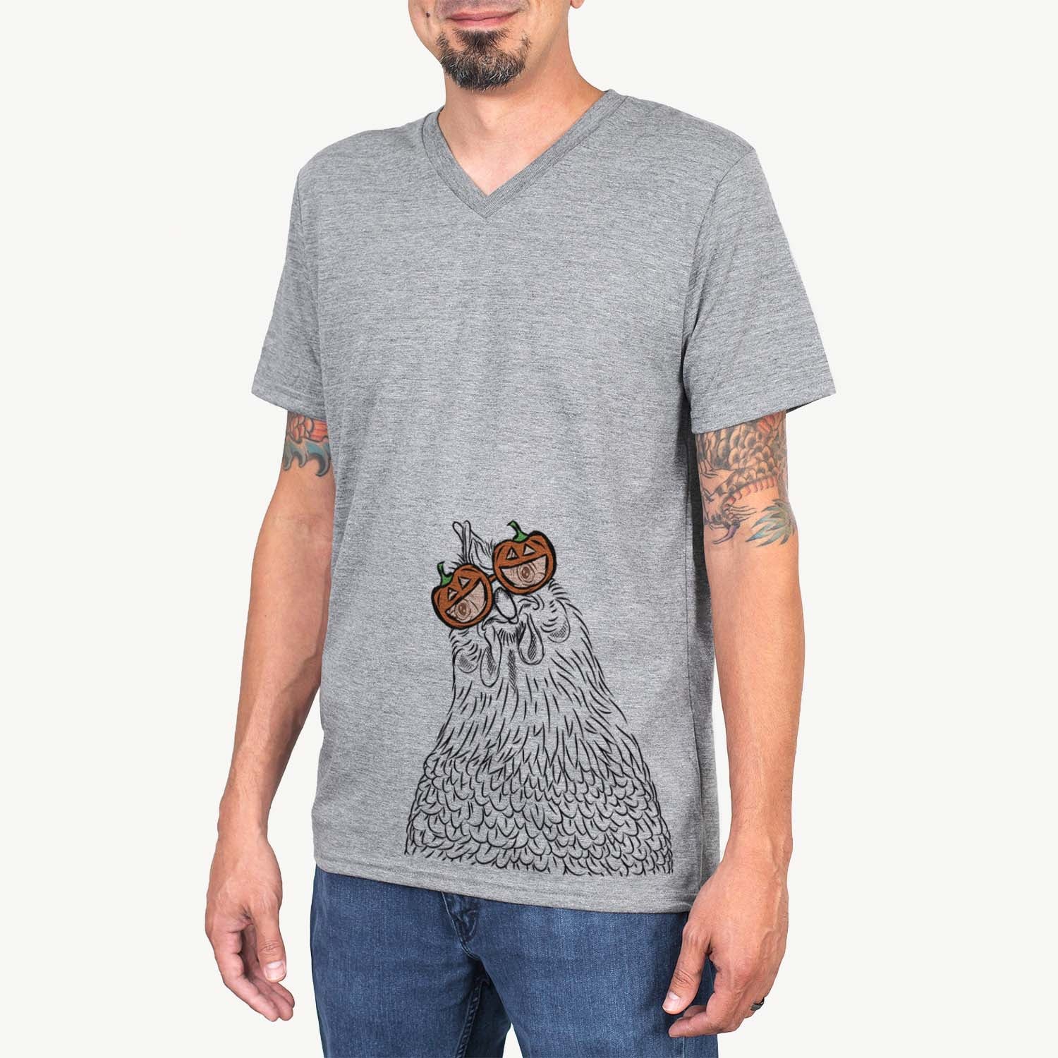 Hand-drawn sketch of Henrietta the Chicken wearing pumpkin glasses on a Grey pumpkin collection