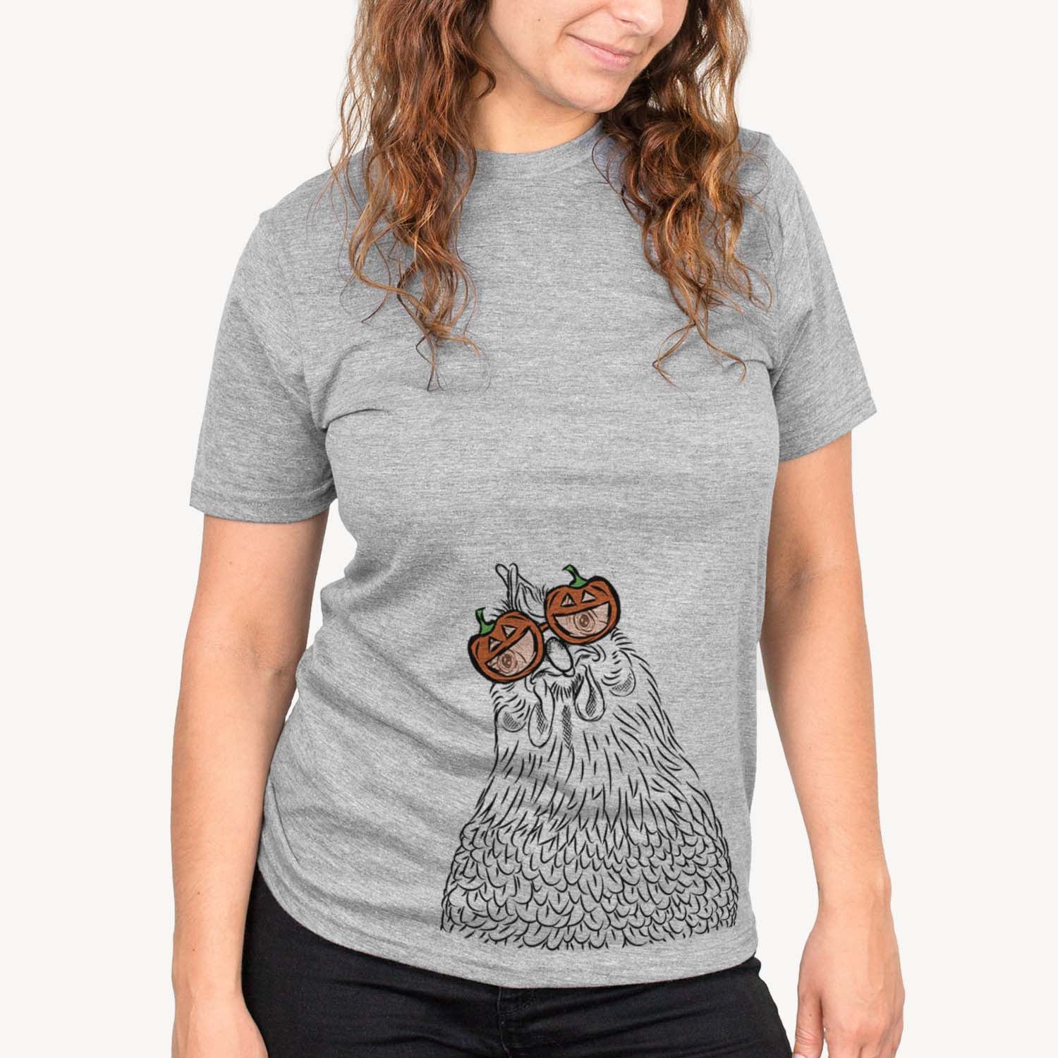 Hand-drawn sketch of Henrietta the Chicken wearing pumpkin glasses on a Grey pumpkin collection, on a hanger