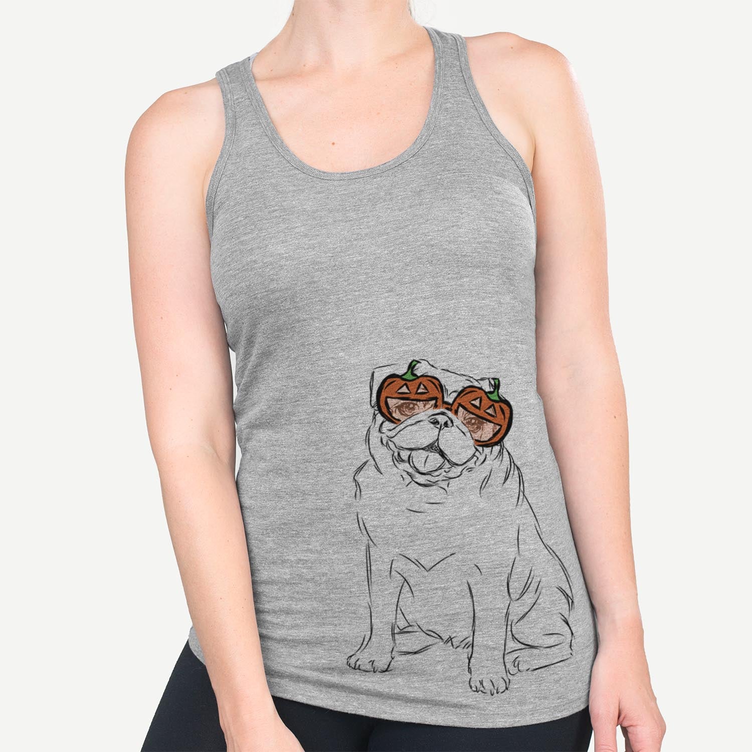 Hand-drawn sketch of Higgins the Pug wearing pumpkin glasses on a Grey pumpkin collection