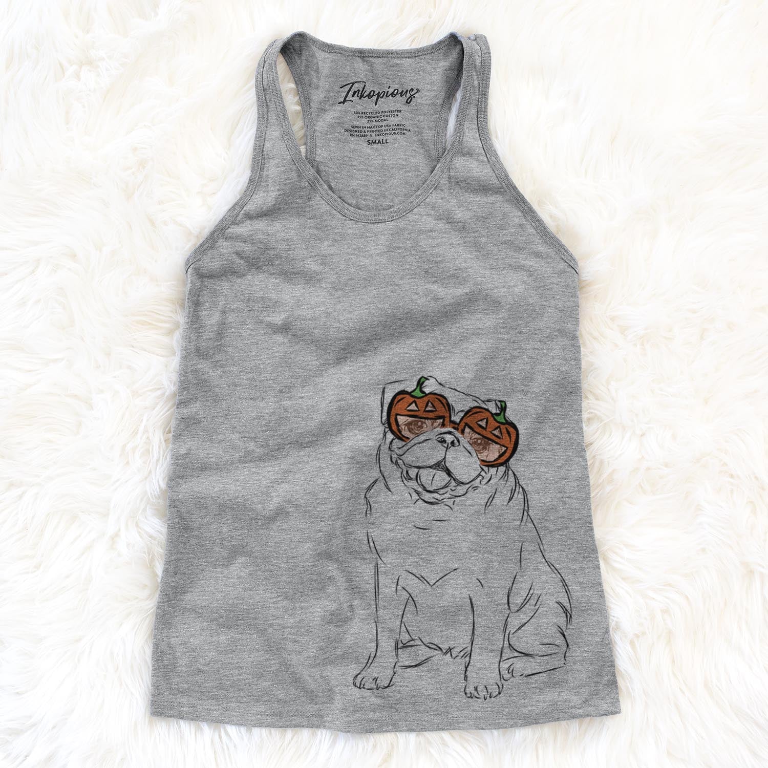 Hand-drawn sketch of Higgins the Pug wearing pumpkin glasses on a Grey pumpkin collection