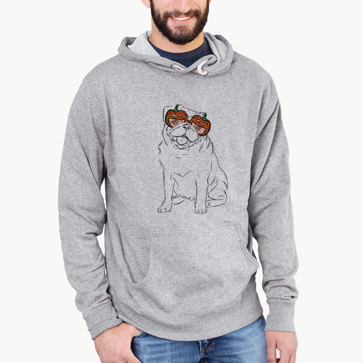 Hand-drawn sketch of Higgins the Pug wearing pumpkin glasses on a Grey pumpkin collection