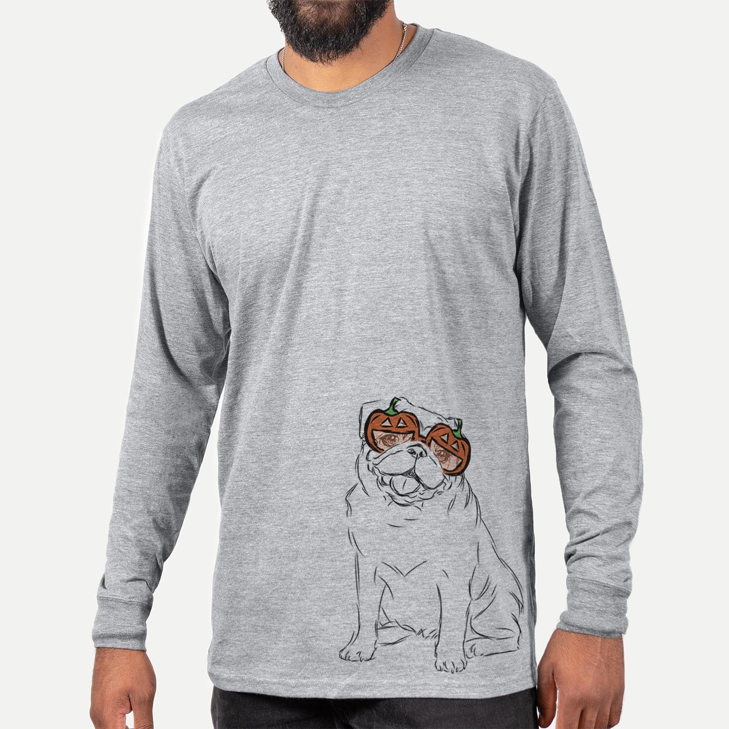 Hand-drawn sketch of Higgins the Pug wearing pumpkin glasses on a Grey pumpkin collection, hanging on a wall