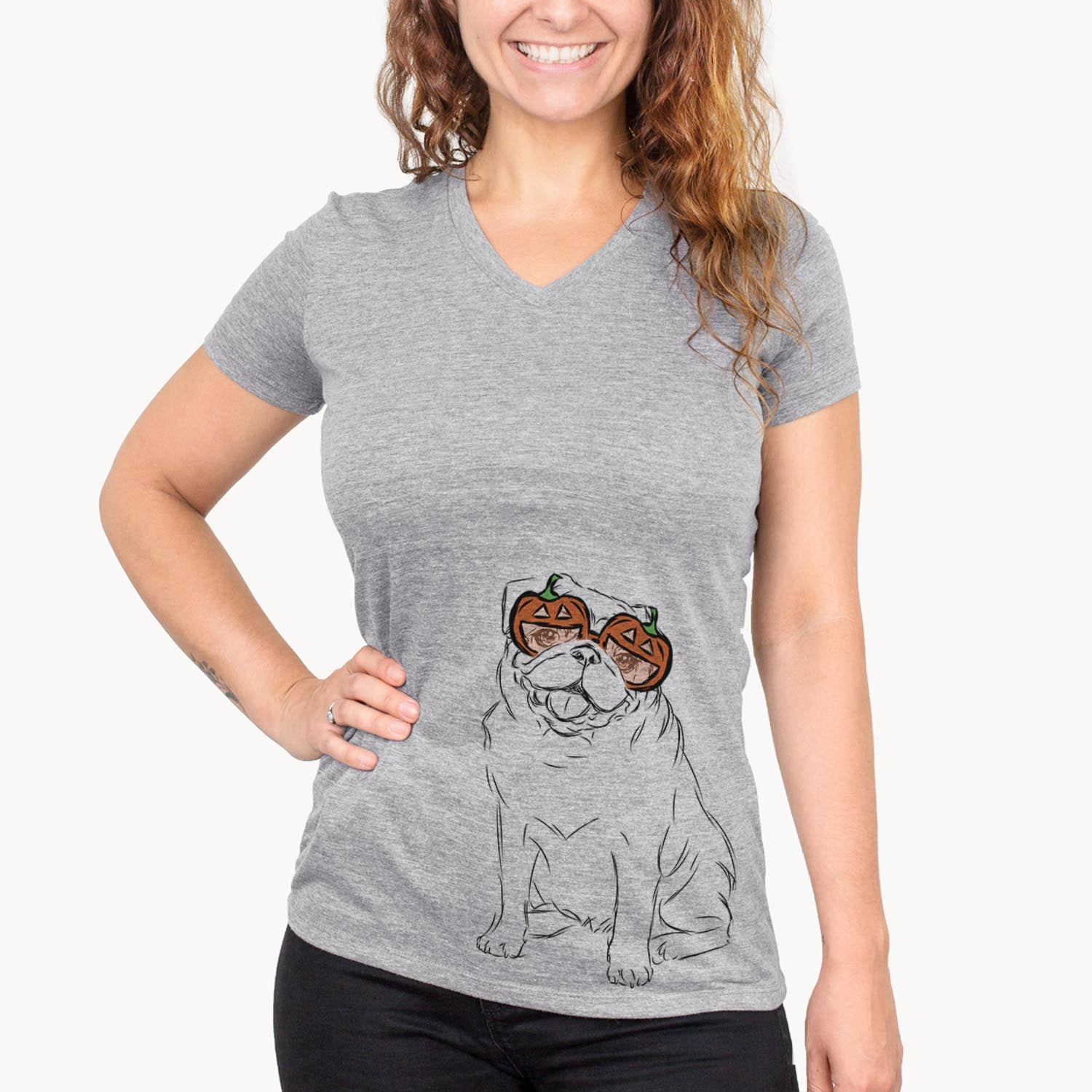 Hand-drawn sketch of Higgins the Pug wearing pumpkin glasses on a Grey pumpkin collection