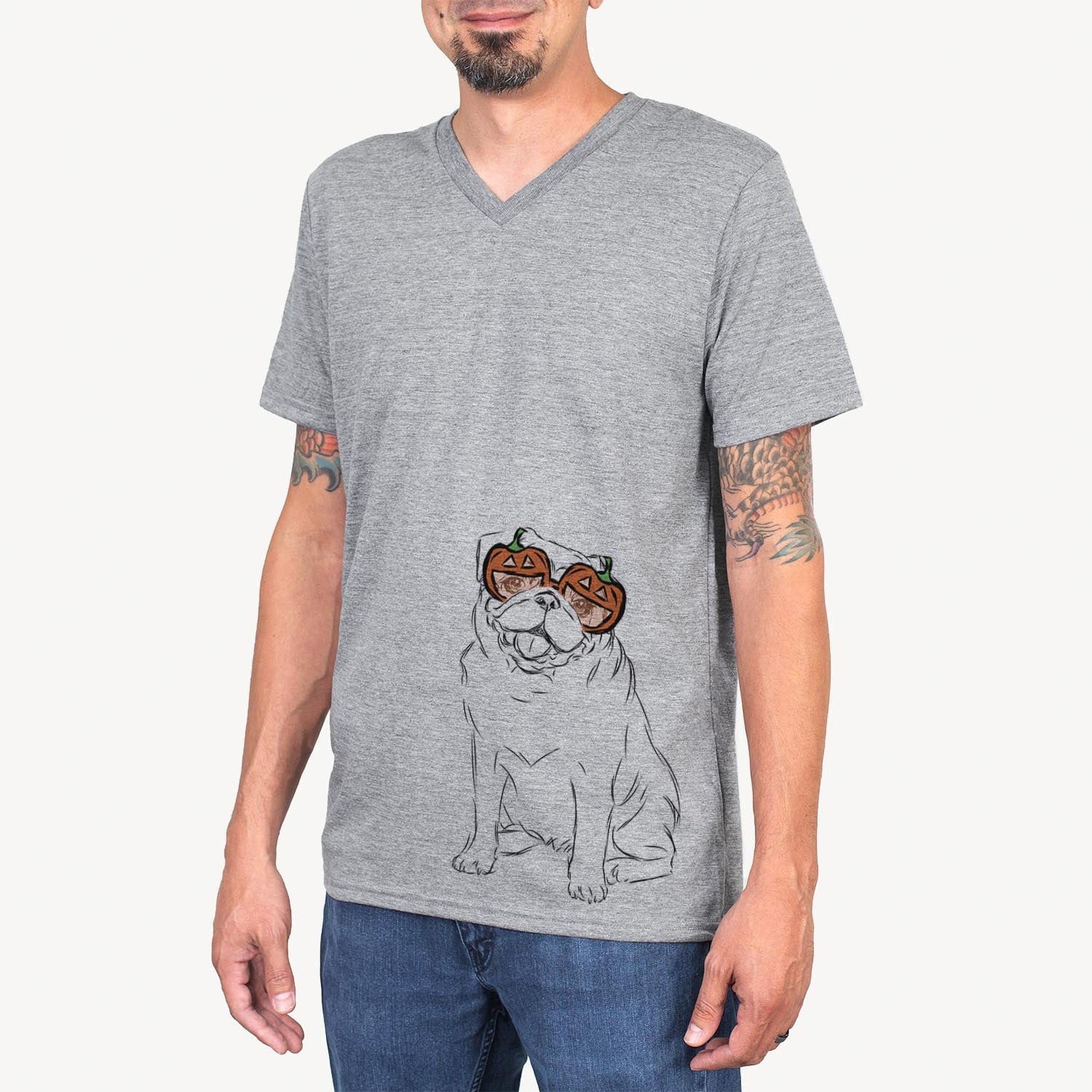 Hand-drawn sketch of Higgins the Pug wearing pumpkin glasses on a Grey pumpkin collection