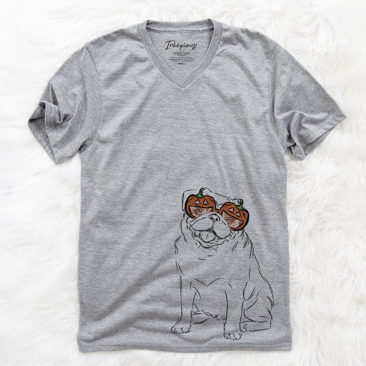Hand-drawn sketch of Higgins the Pug wearing pumpkin glasses on a Grey pumpkin collection