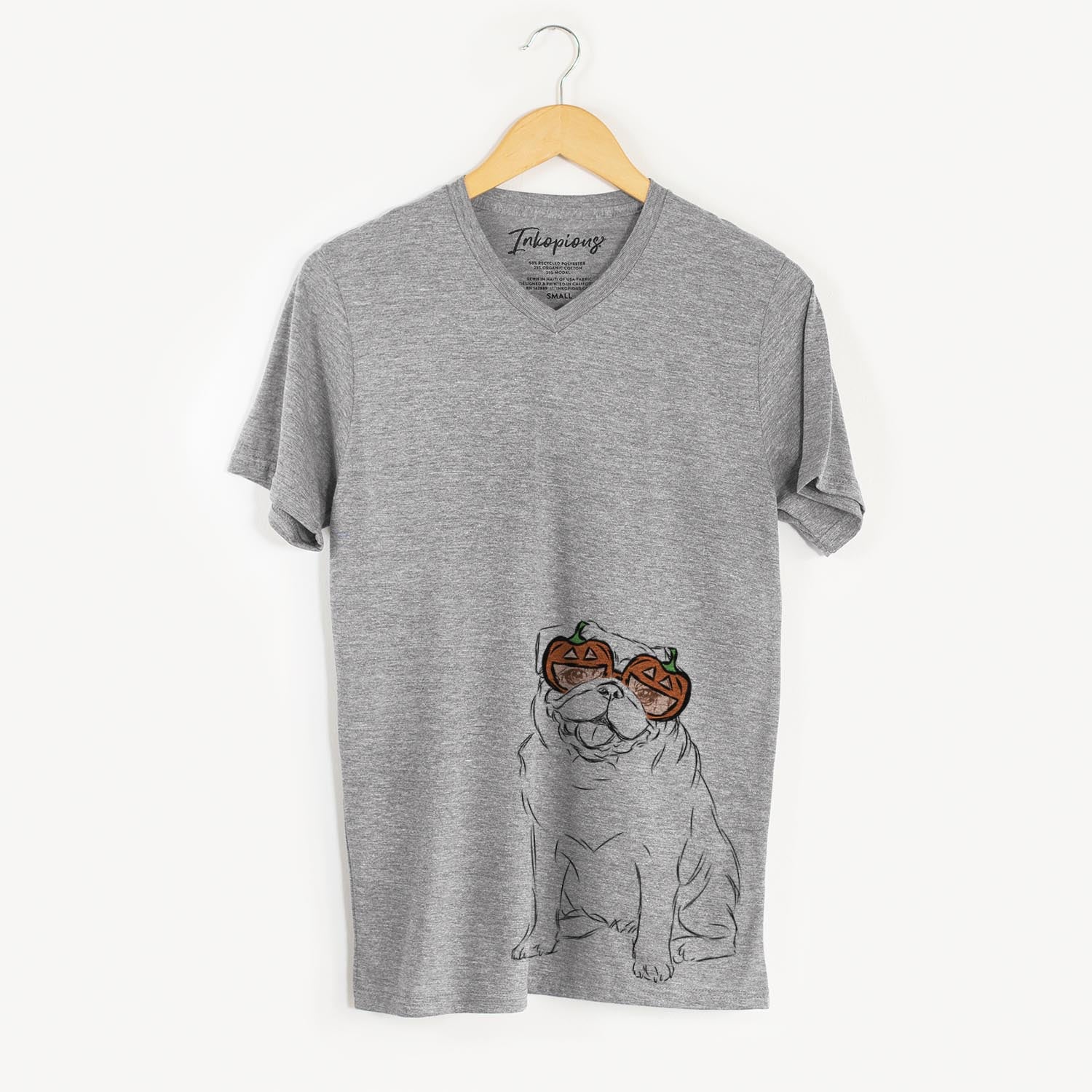 Hand-drawn sketch of Higgins the Pug wearing pumpkin glasses on a Grey pumpkin collection