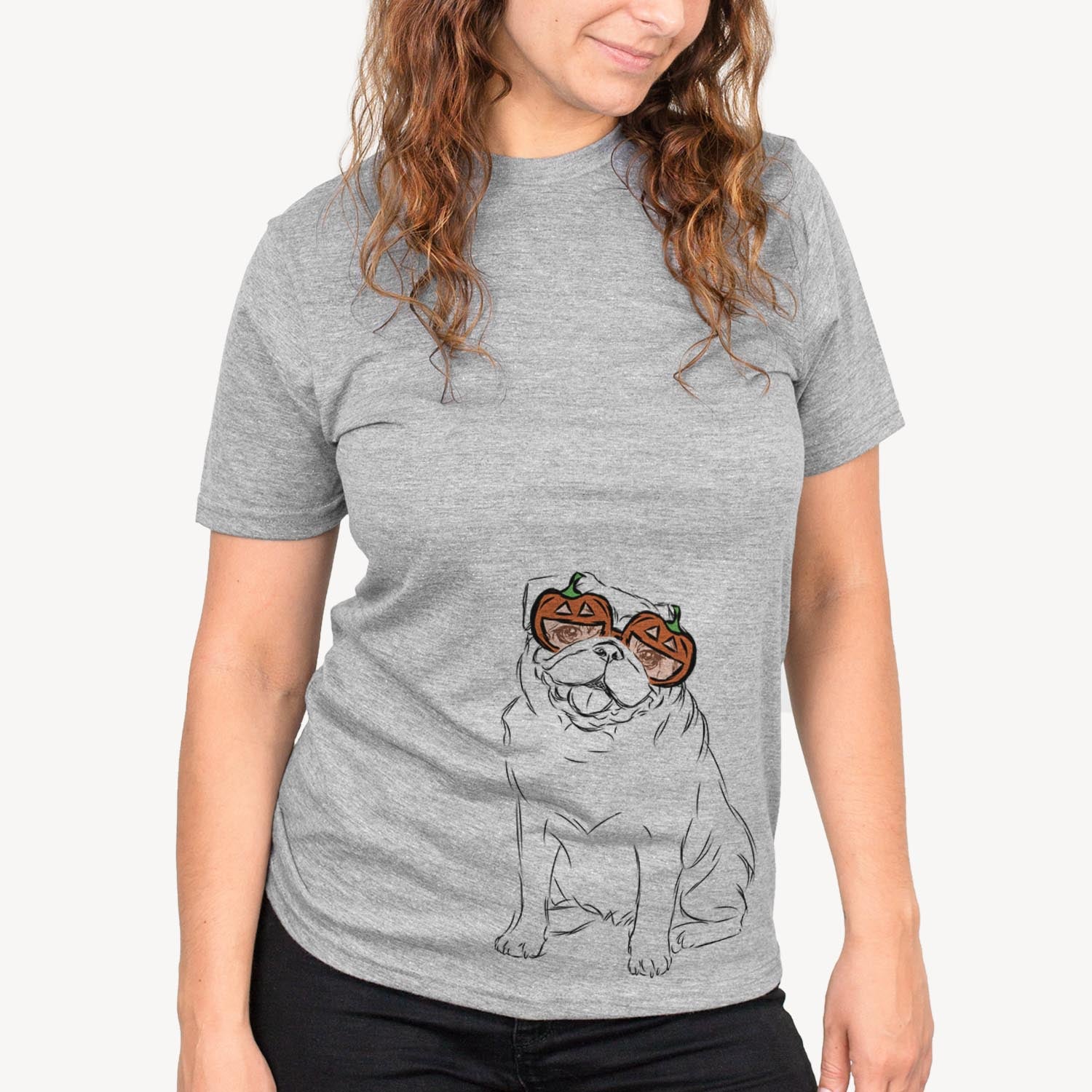 Hand-drawn sketch of Higgins the Pug wearing pumpkin glasses on a Grey pumpkin collection, on a hanger