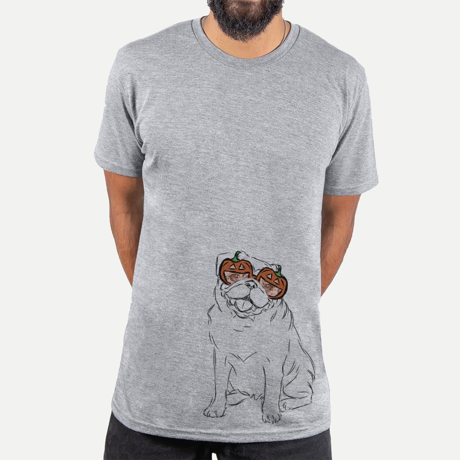 Hand-drawn sketch of Higgins the Pug wearing pumpkin glasses on a Grey pumpkin collection, hanging on a wall