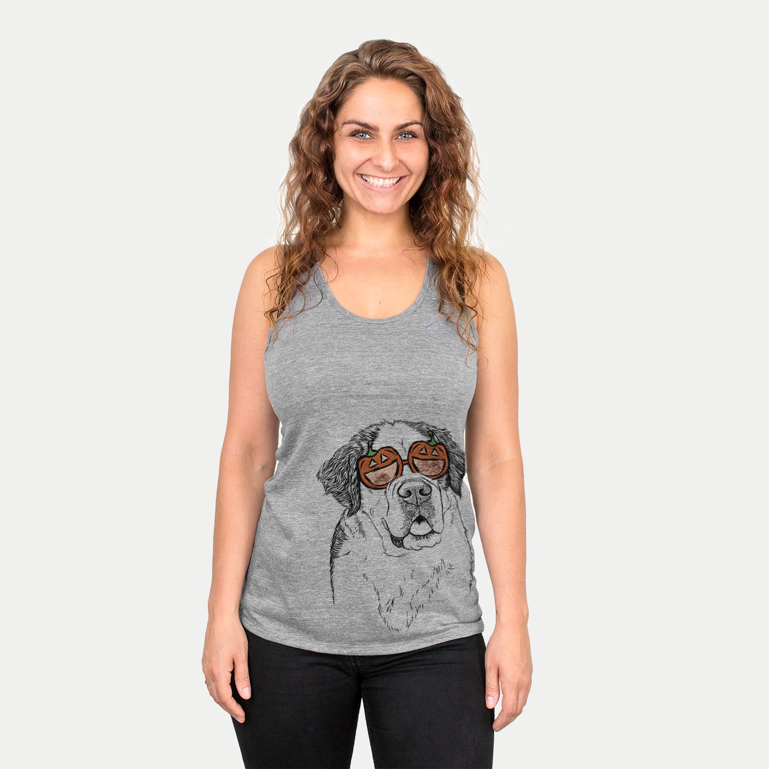 Hand-drawn sketch of Hook the Saint Bernard wearing pumpkin glasses on a Grey pumpkin collection