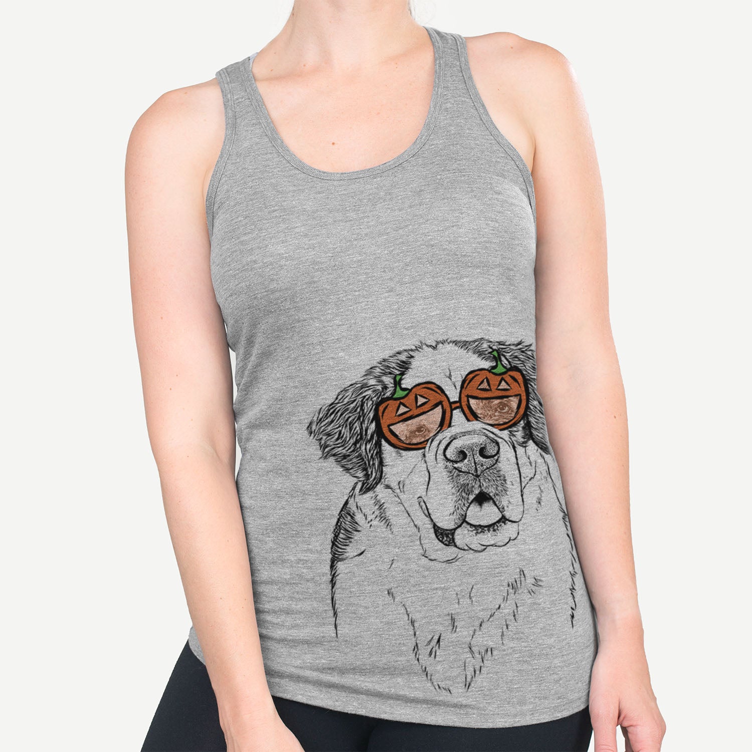 Hand-drawn sketch of Hook the Saint Bernard wearing pumpkin glasses on a Grey pumpkin collection