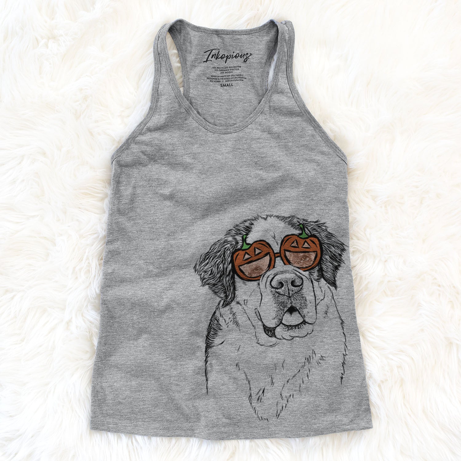 Hand-drawn sketch of Hook the Saint Bernard wearing pumpkin glasses on a Grey pumpkin collection