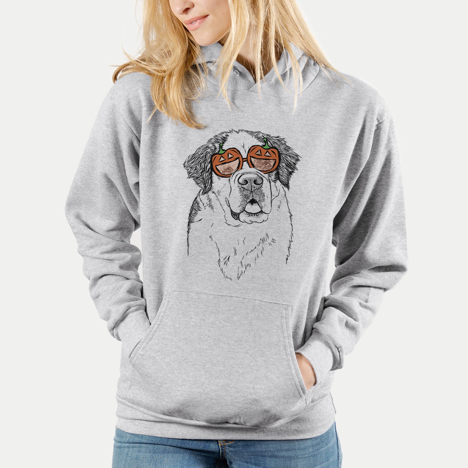Hand-drawn sketch of Hook the Saint Bernard wearing pumpkin glasses on a Grey pumpkin collection