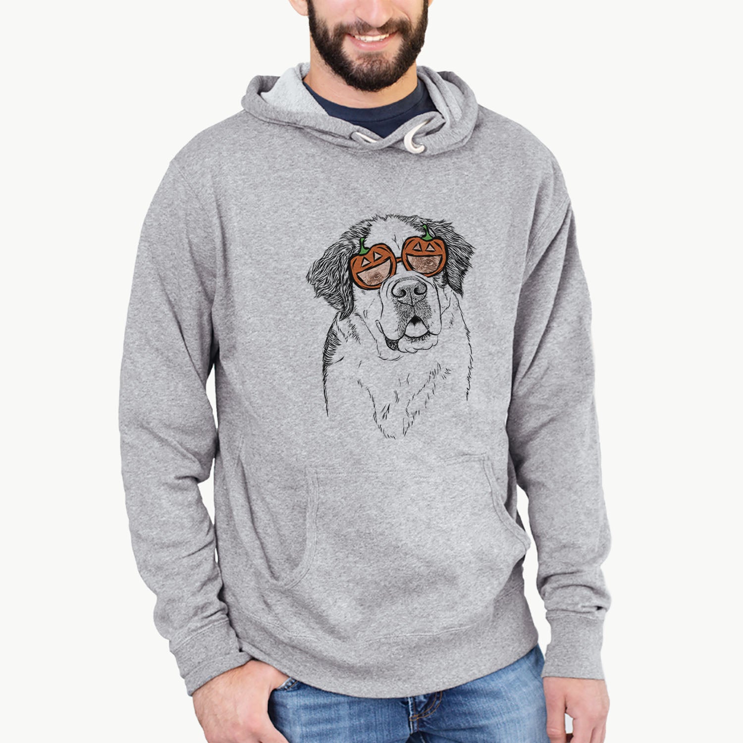 Hand-drawn sketch of Hook the Saint Bernard wearing pumpkin glasses on a Grey pumpkin collection