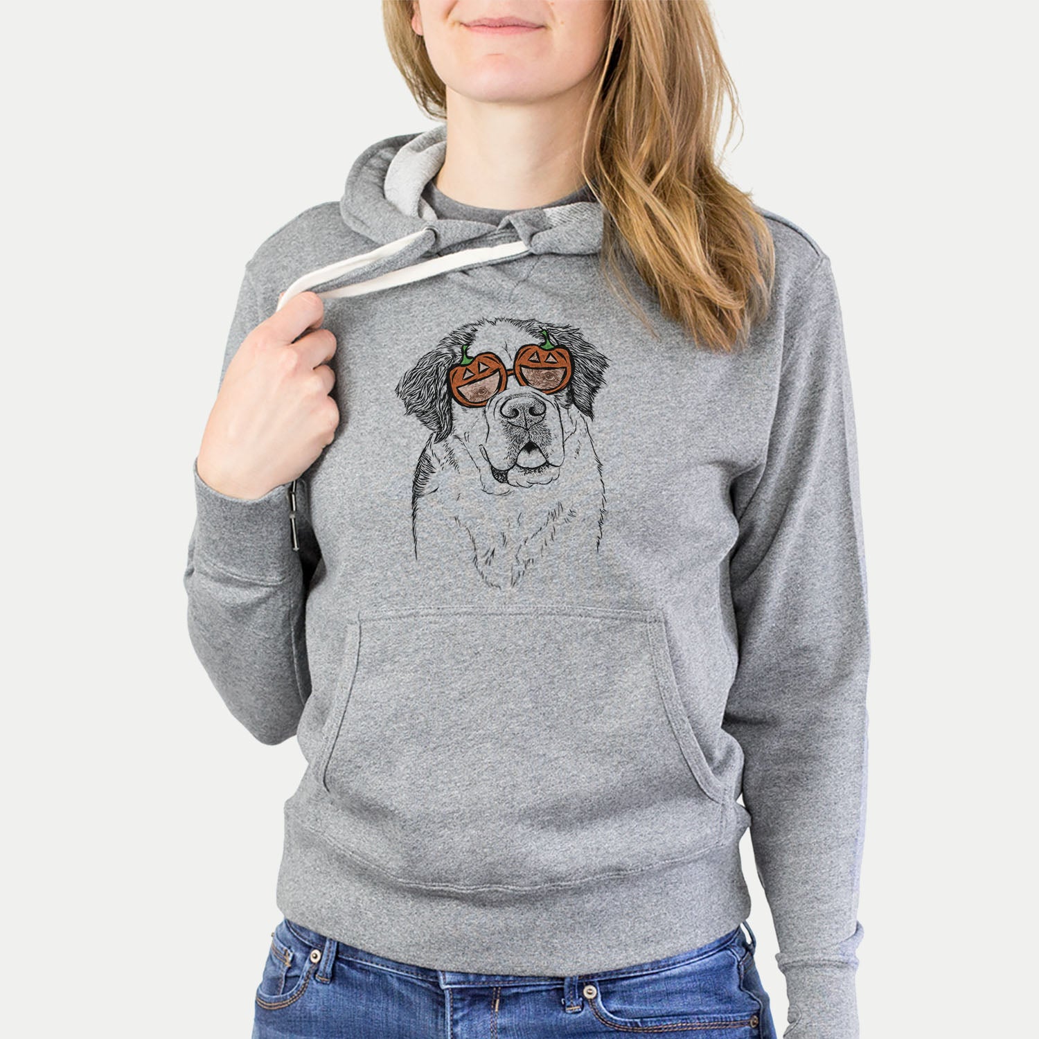 Hand-drawn sketch of Hook the Saint Bernard wearing pumpkin glasses on a Grey pumpkin collection, hanging on a wall