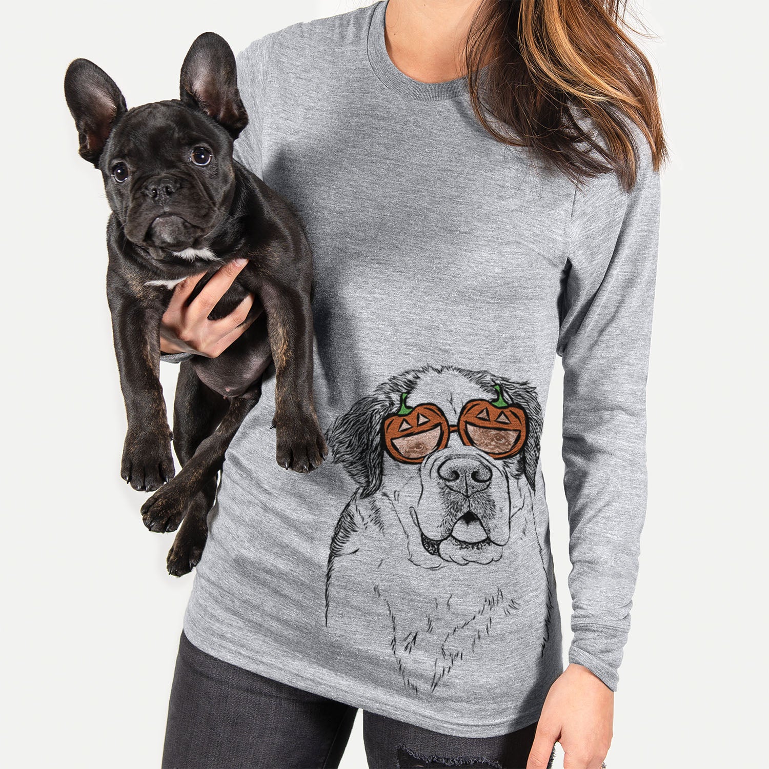Hand-drawn sketch of Hook the Saint Bernard wearing pumpkin glasses on a Grey pumpkin collection