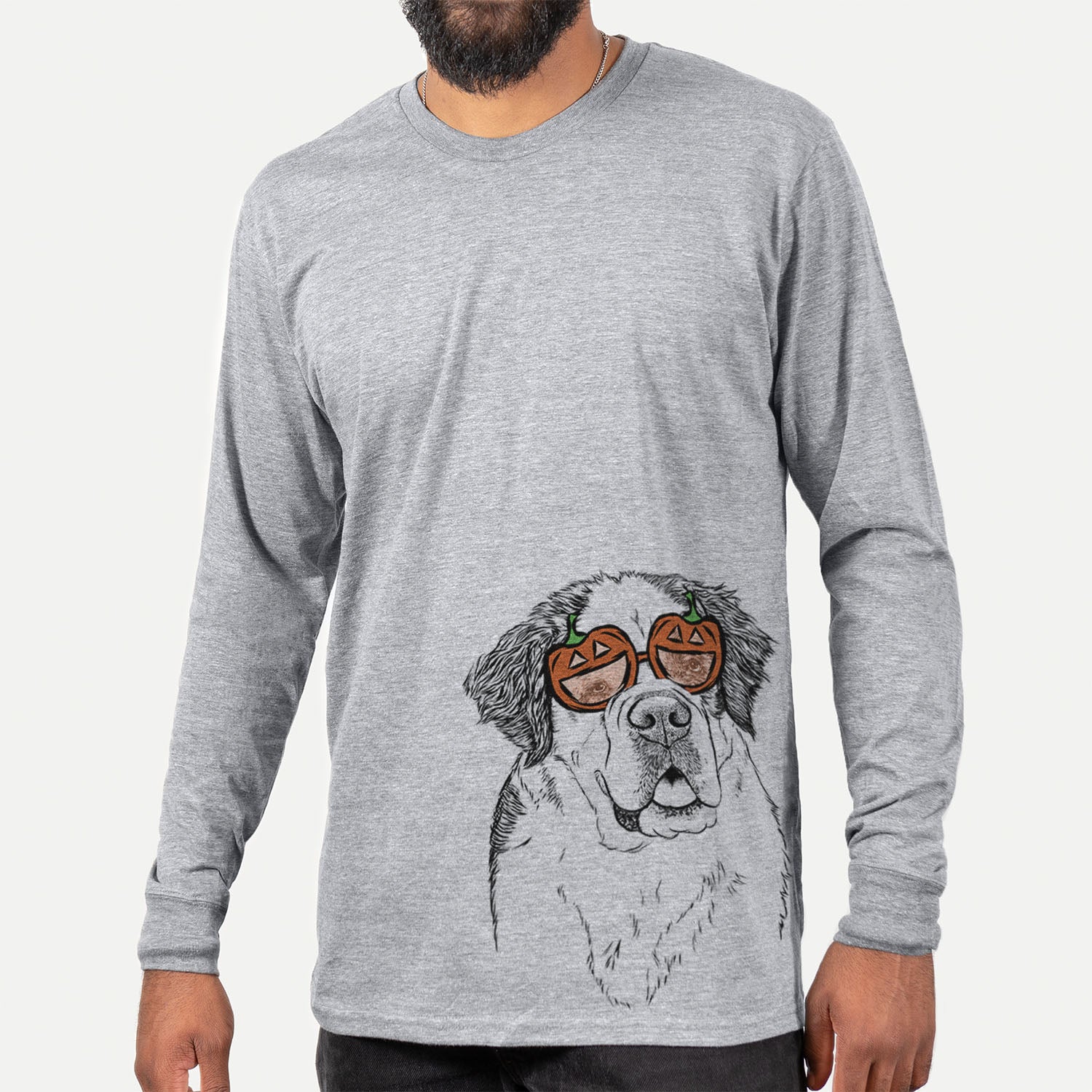 Hand-drawn sketch of Hook the Saint Bernard wearing pumpkin glasses on a Grey pumpkin collection, hanging on a wall
