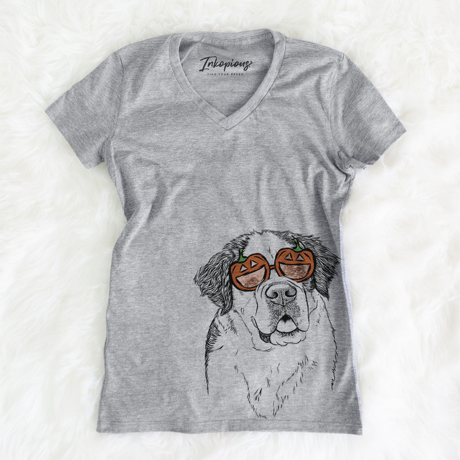 Hand-drawn sketch of Hook the Saint Bernard wearing pumpkin glasses on a Grey pumpkin collection, on a hanger