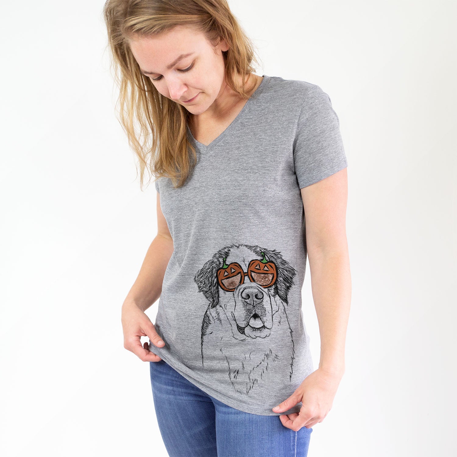 Hand-drawn sketch of Hook the Saint Bernard wearing pumpkin glasses on a Grey pumpkin collection